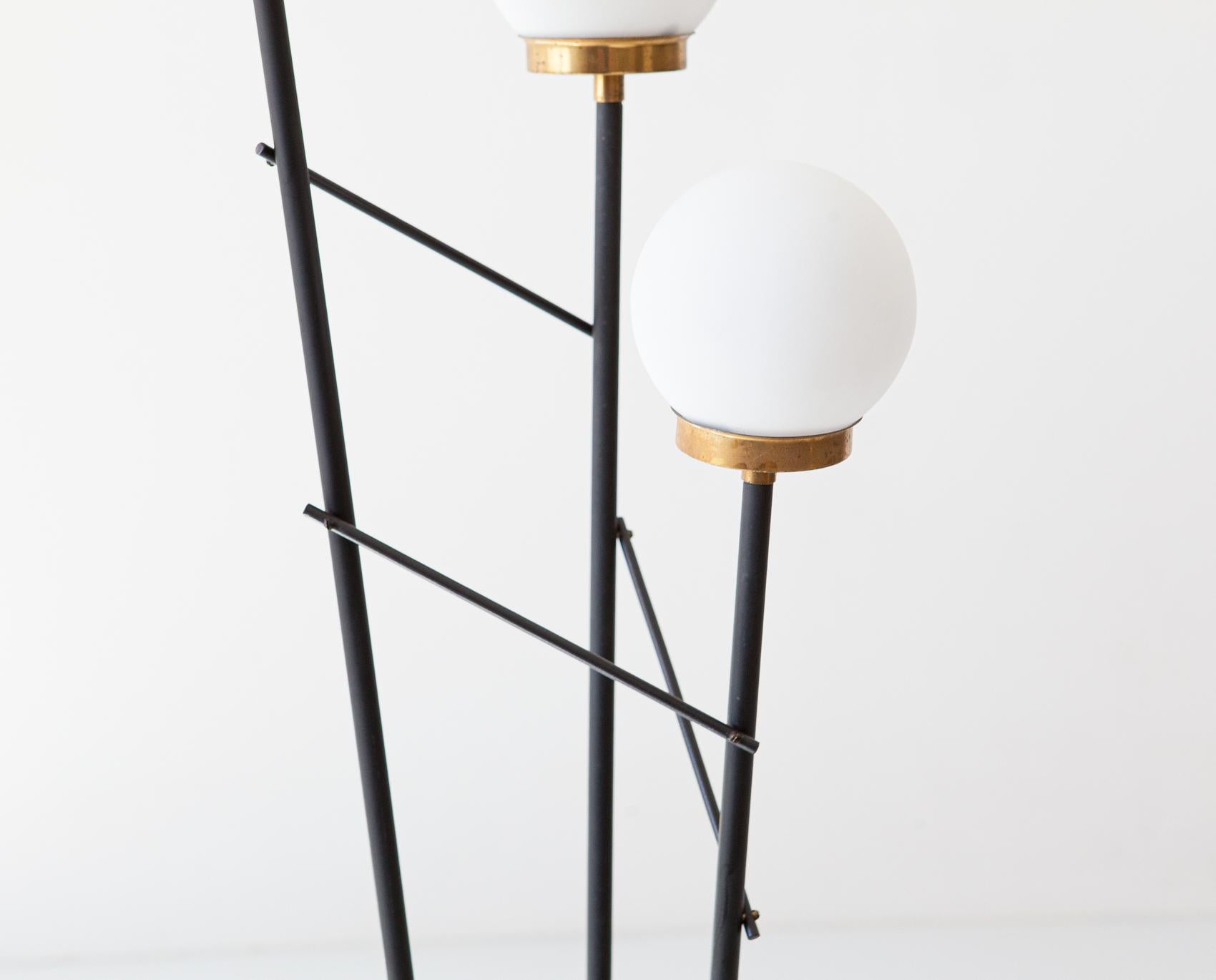 Brass Italian Floor Lamp in Black Steel Opaline Glasses and Marble Base