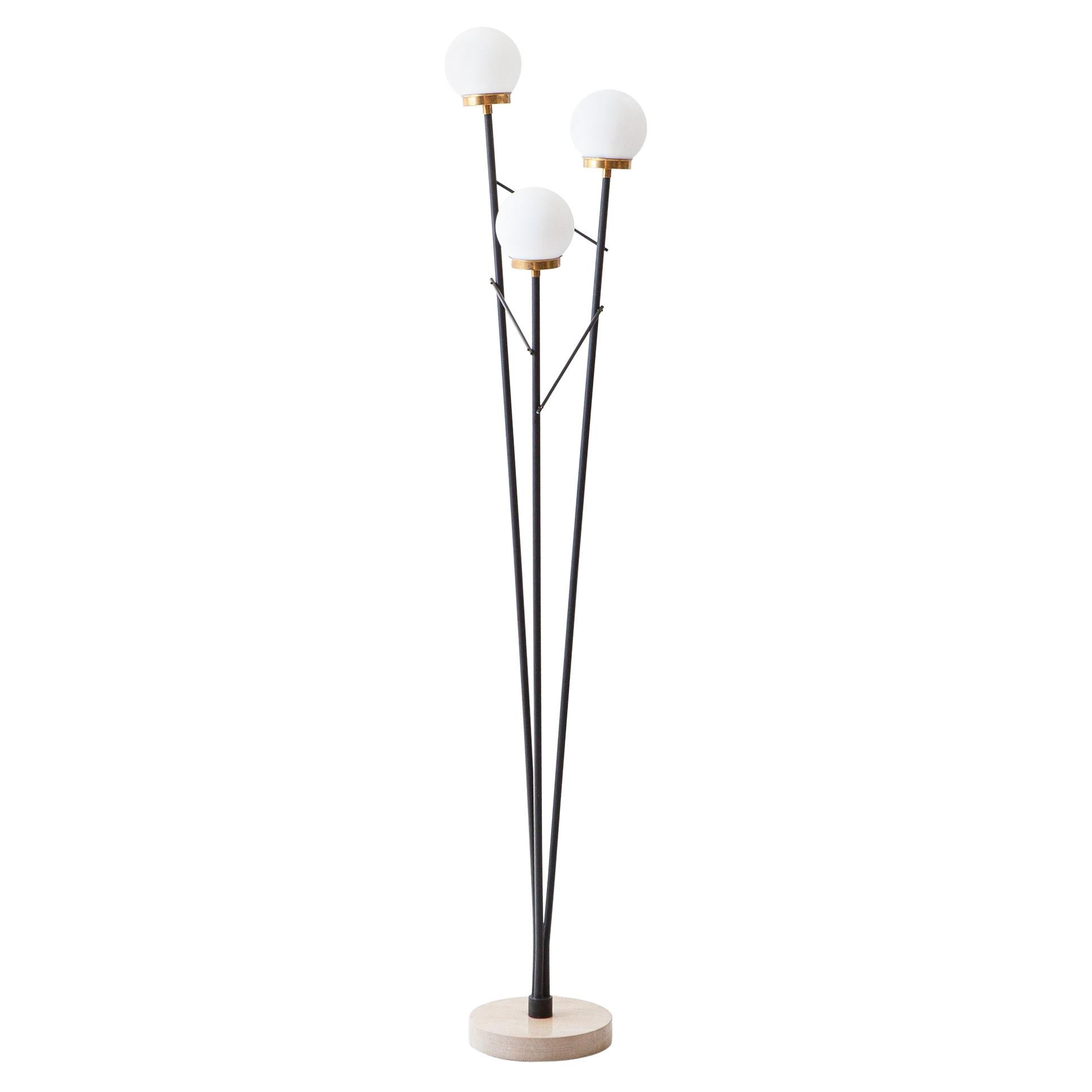 Italian Floor Lamp in Black Steel Opaline Glasses and Marble Base