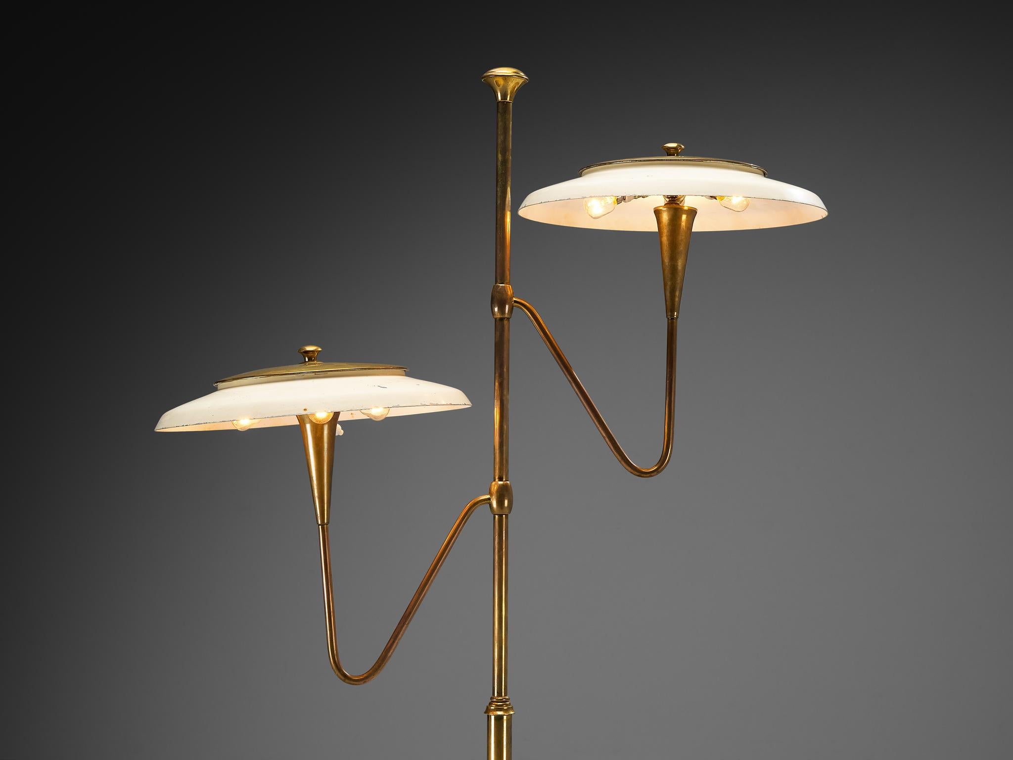 Mid-Century Modern Italian Floor Lamp in Brass and Off-white Shades For Sale