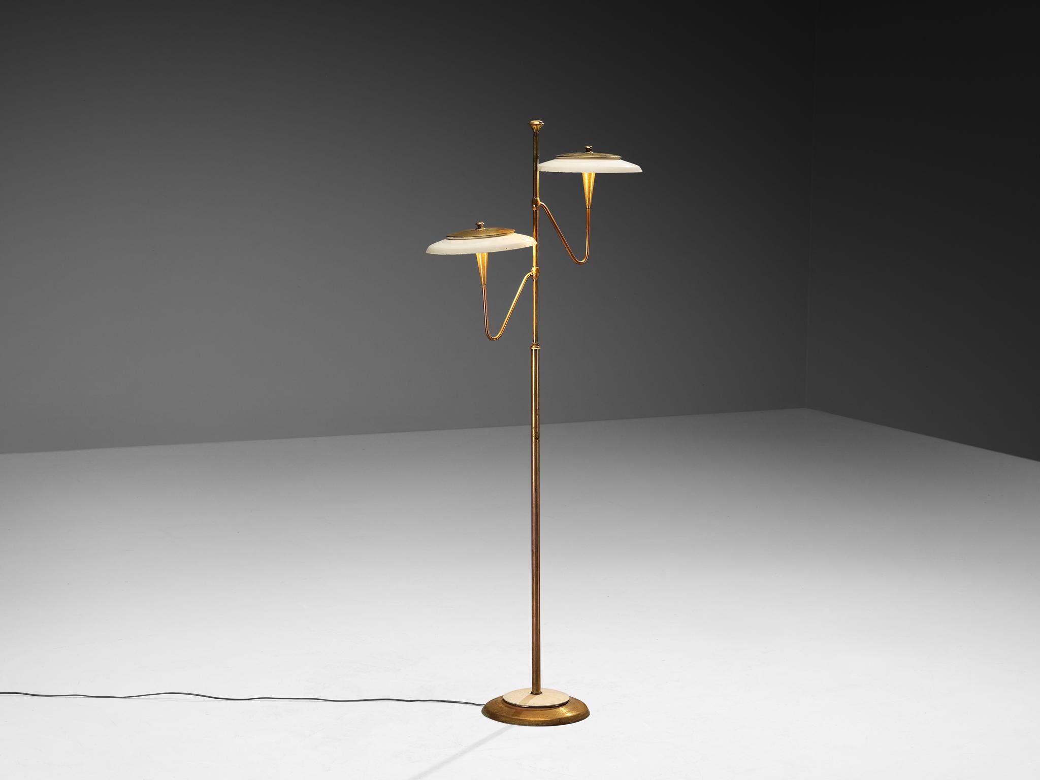 Mid-20th Century Italian Floor Lamp in Brass and Off-white Shades For Sale