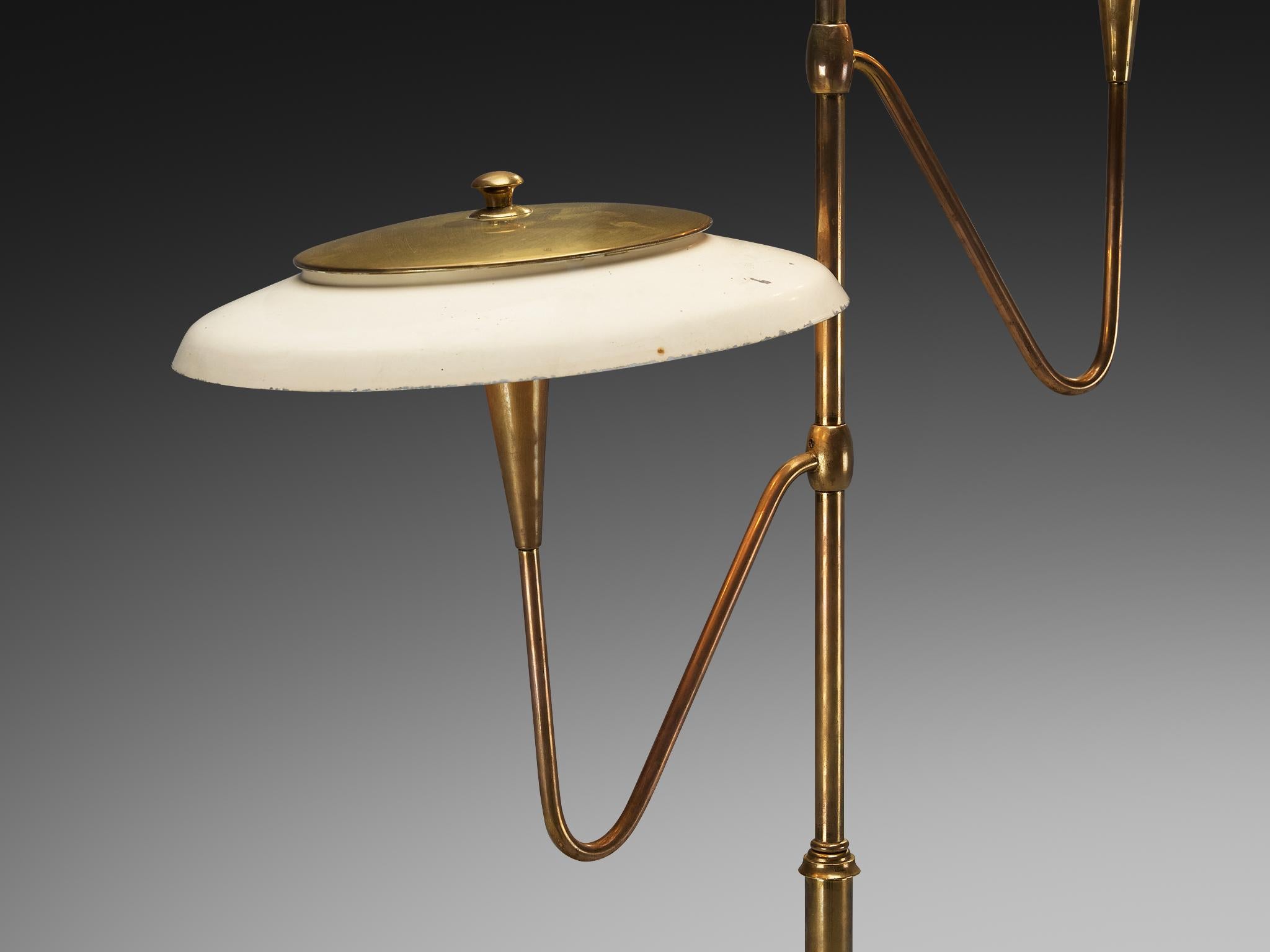 Aluminum Italian Floor Lamp in Brass and Off-white Shades For Sale