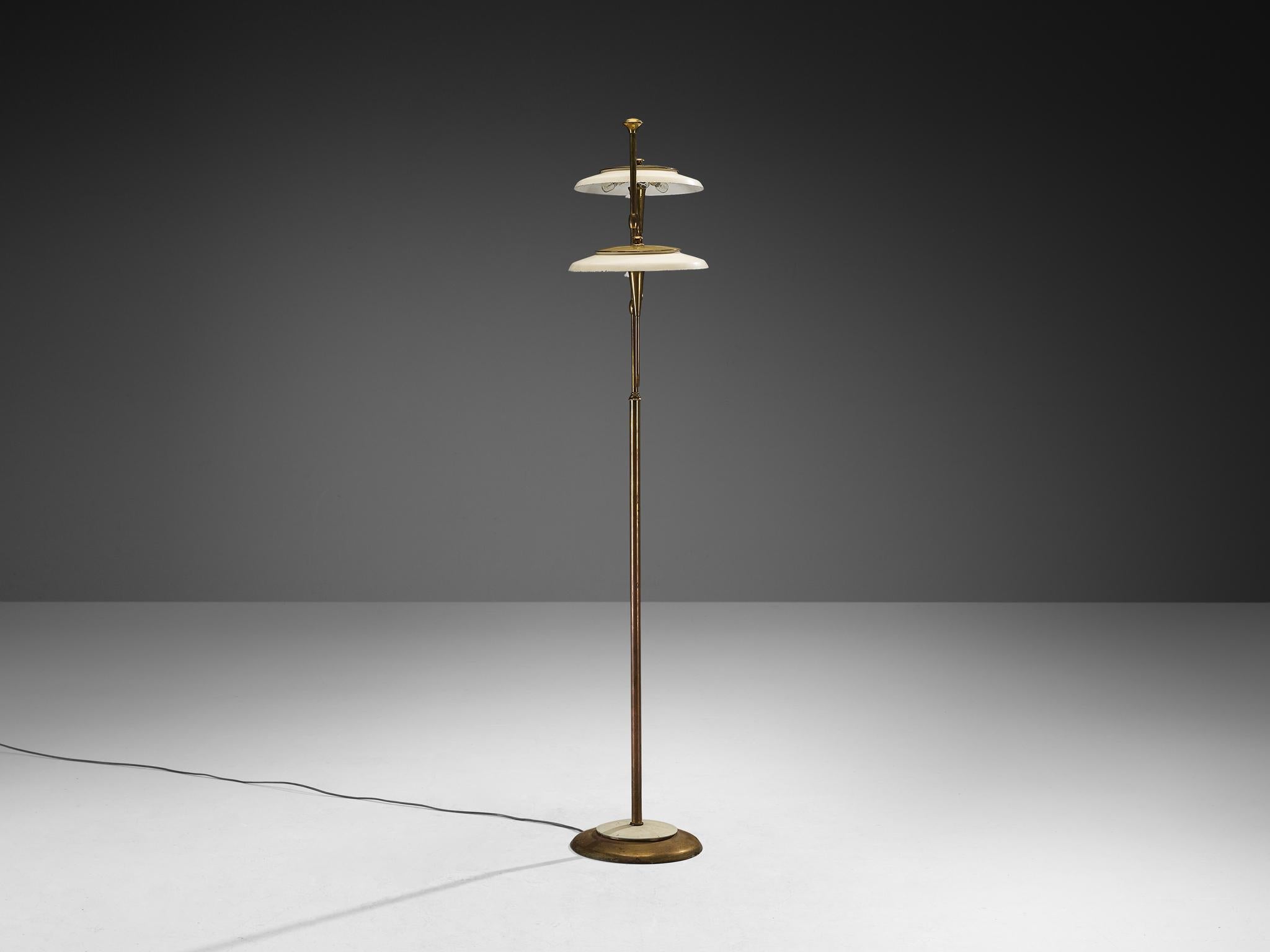 Italian Floor Lamp in Brass and Off-white Shades For Sale 1