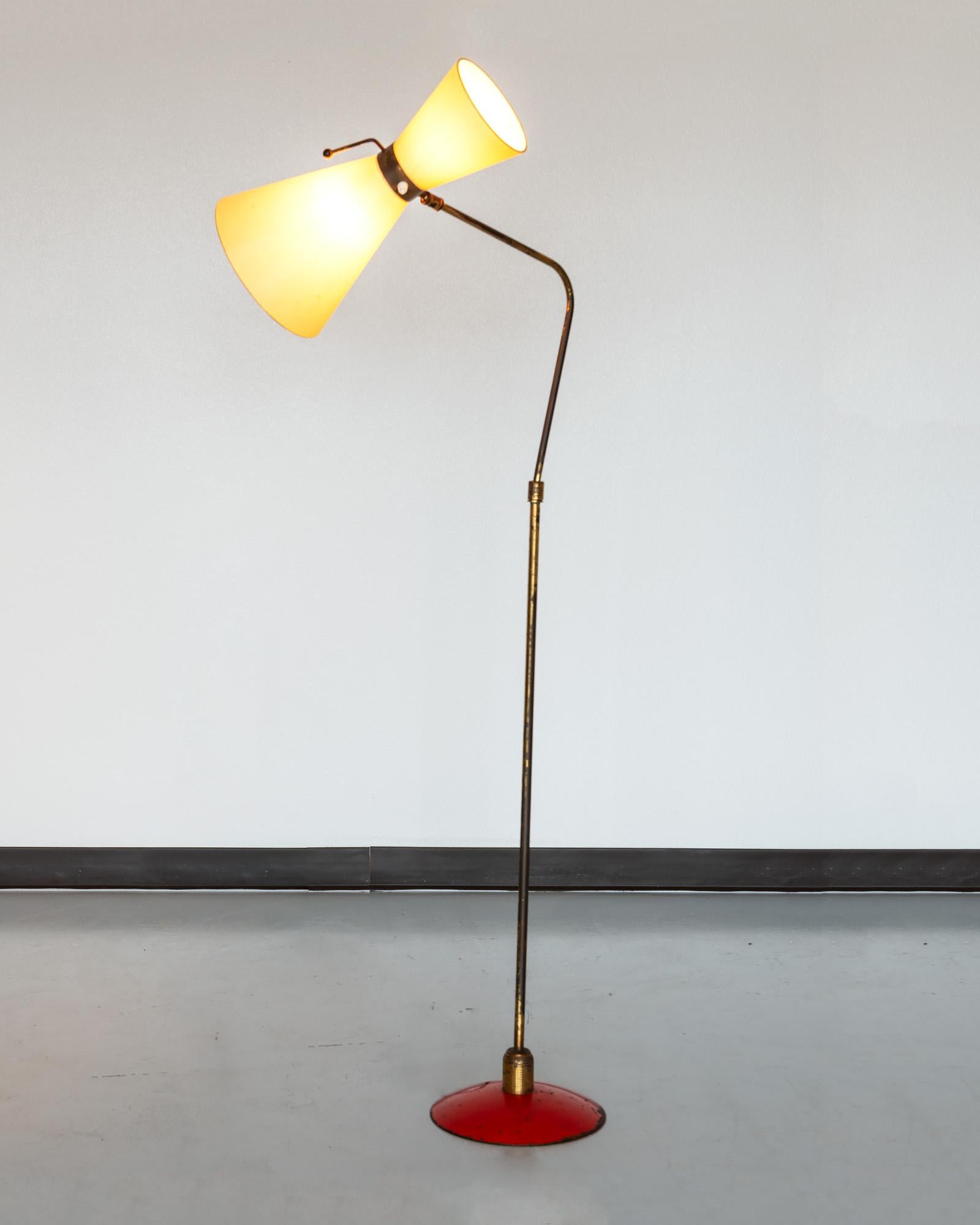 Mid-Century Modern Italian Floor Lamp in Brass with Red Lacquered Metal Base, 1950s