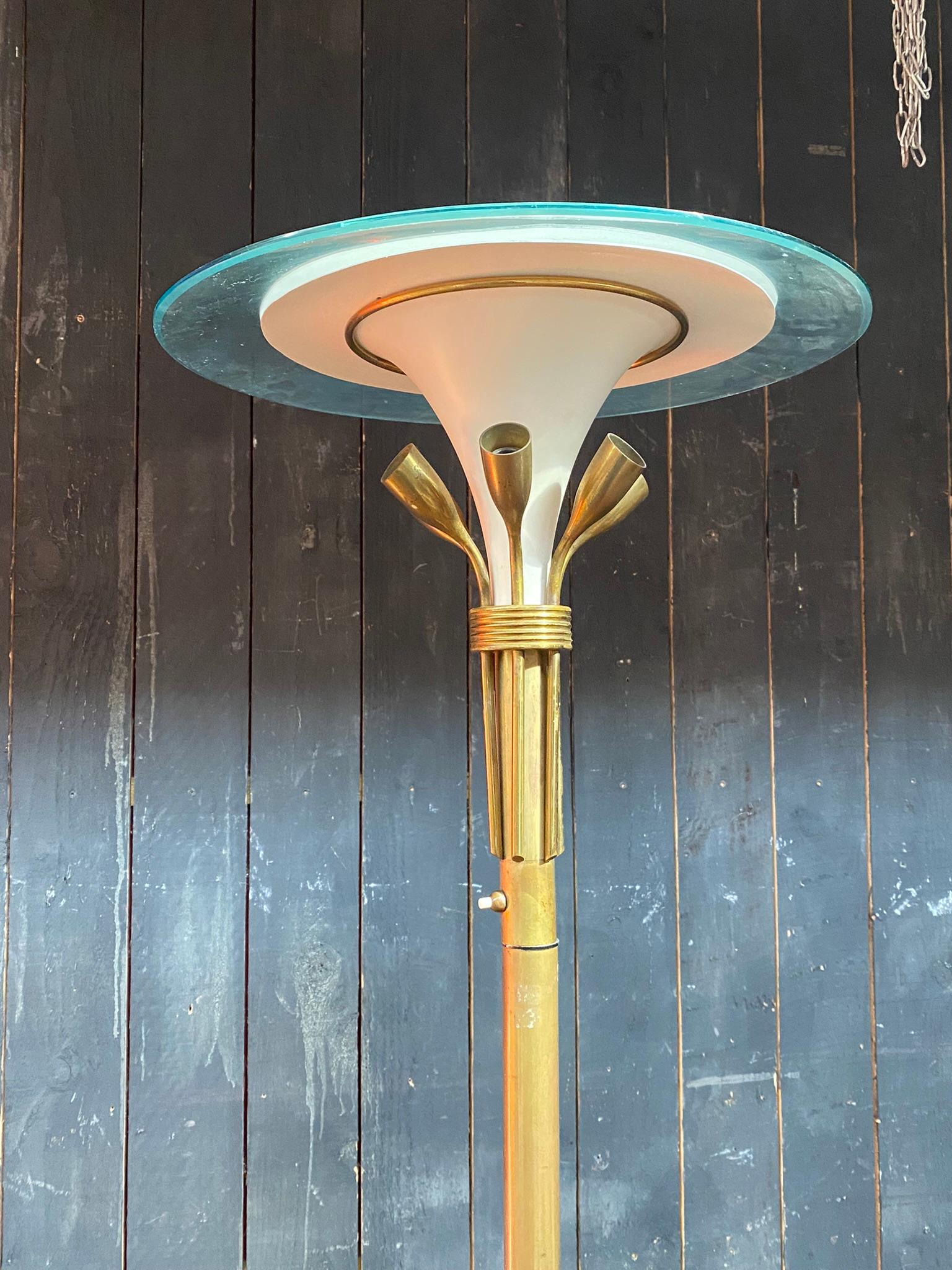 Mid-Century Modern Italian Floor Lamp in Lacquered Metal, Brass, and Glass, circa 1950 For Sale