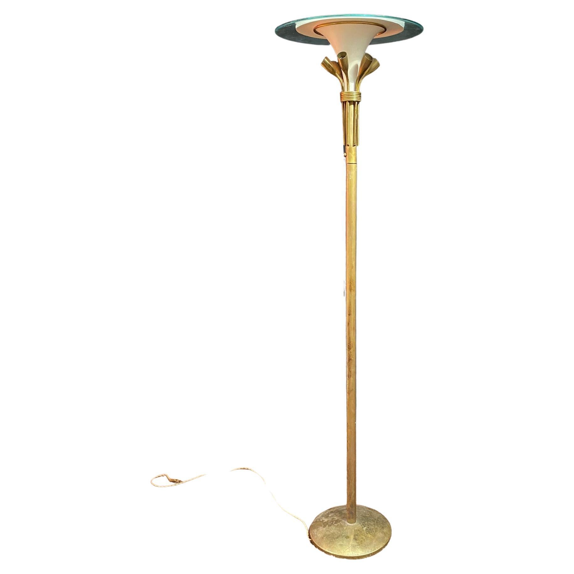 Italian Floor Lamp in Lacquered Metal, Brass, and Glass, circa 1950 For Sale