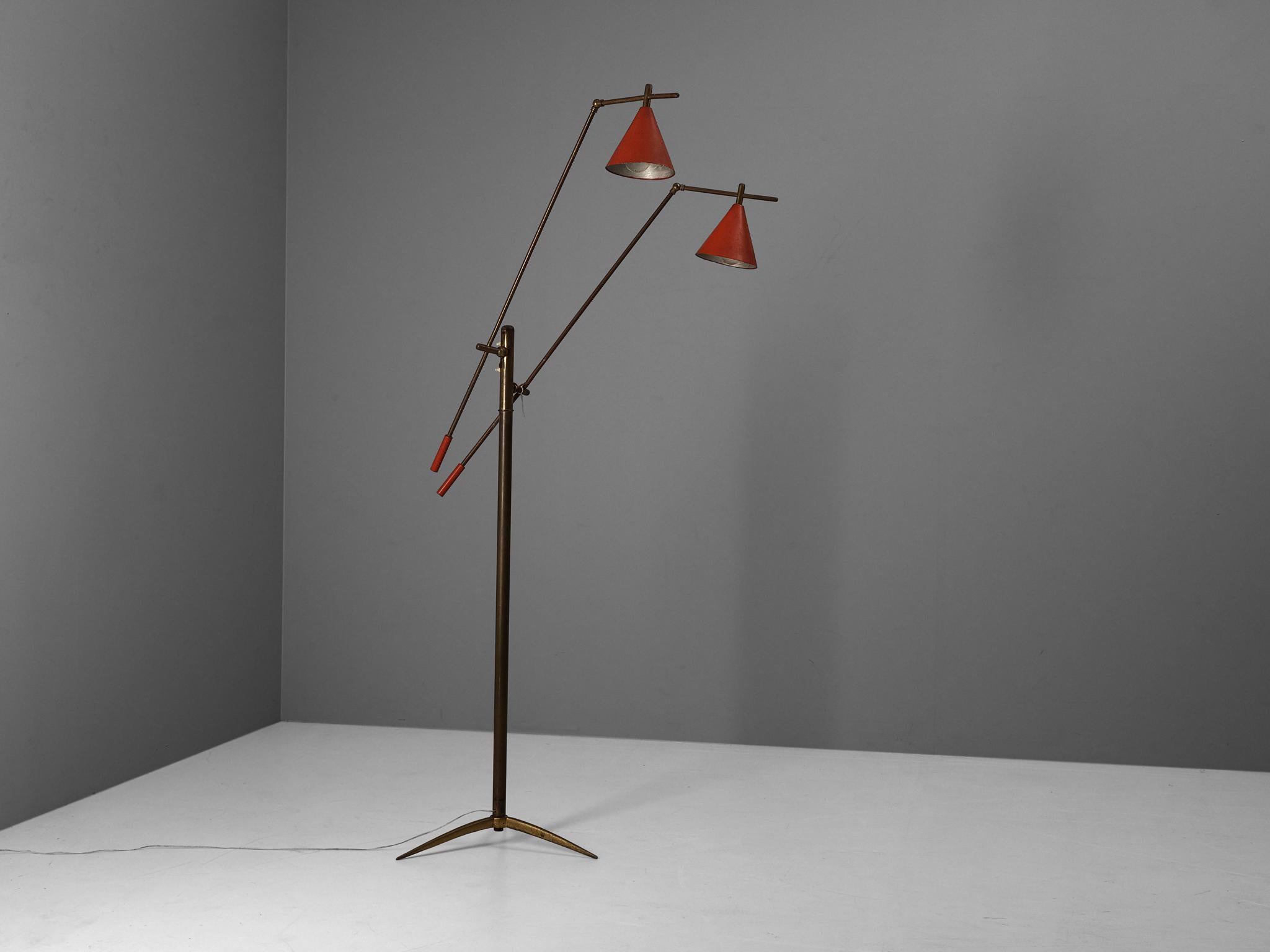 Italian Floor Lamp in Metal and Brass with Red Shades  7