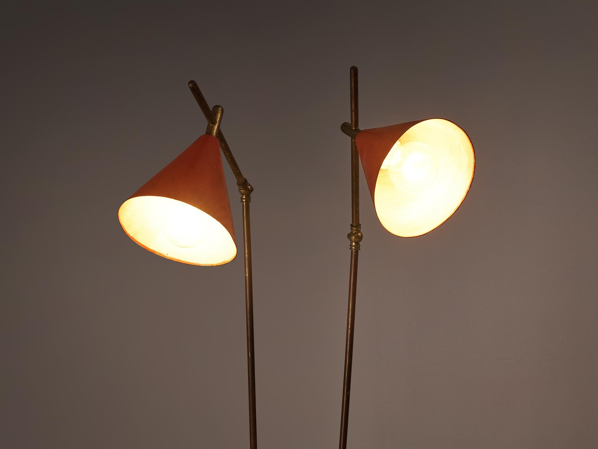 Mid-Century Modern Italian Floor Lamp in Metal and Brass with Red Shades 