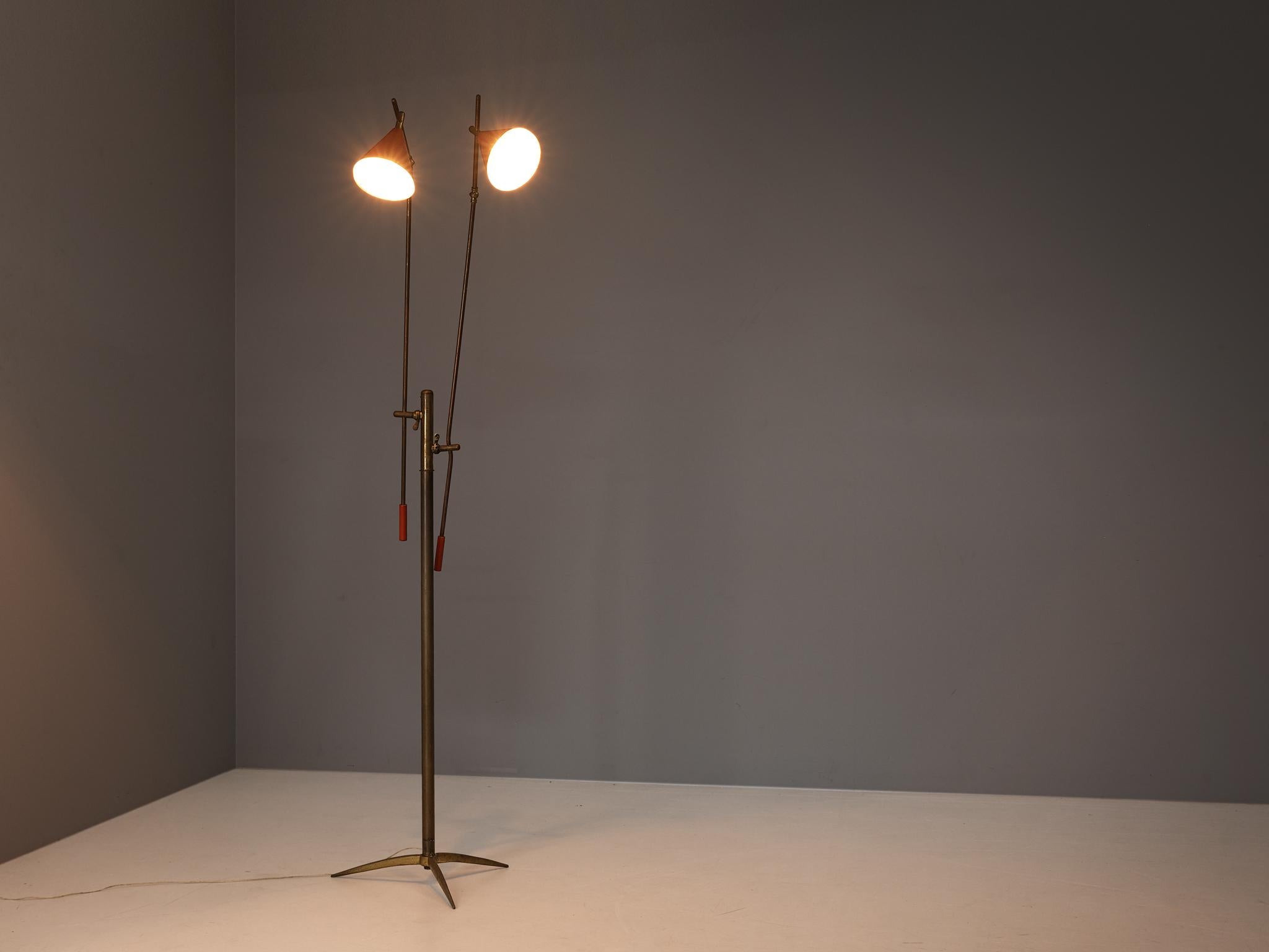 Italian Floor Lamp in Metal and Brass with Red Shades  1
