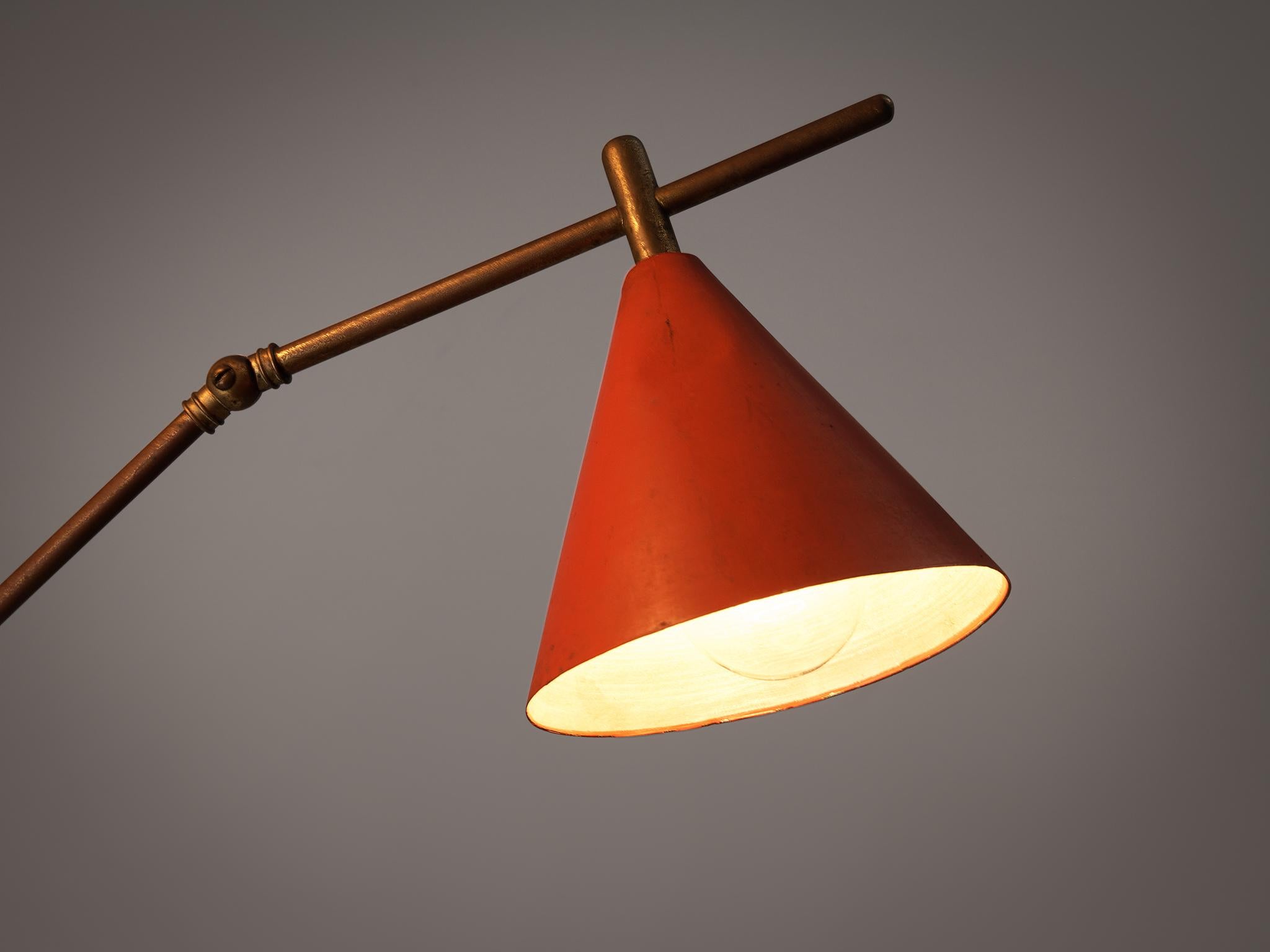 Italian Floor Lamp in Metal and Brass with Red Shades  3