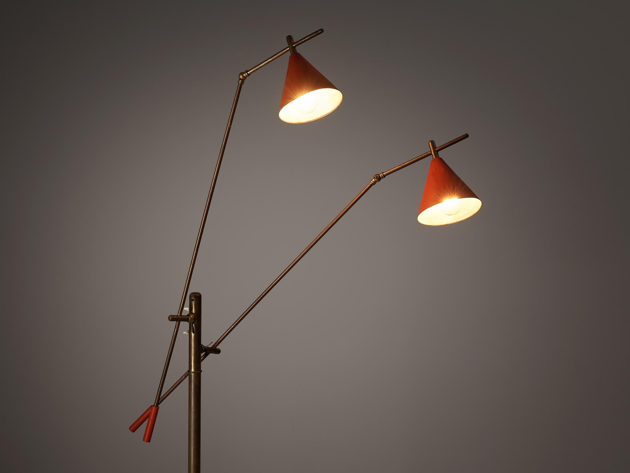 Italian Floor Lamp in Metal and Brass with Red Shades  4
