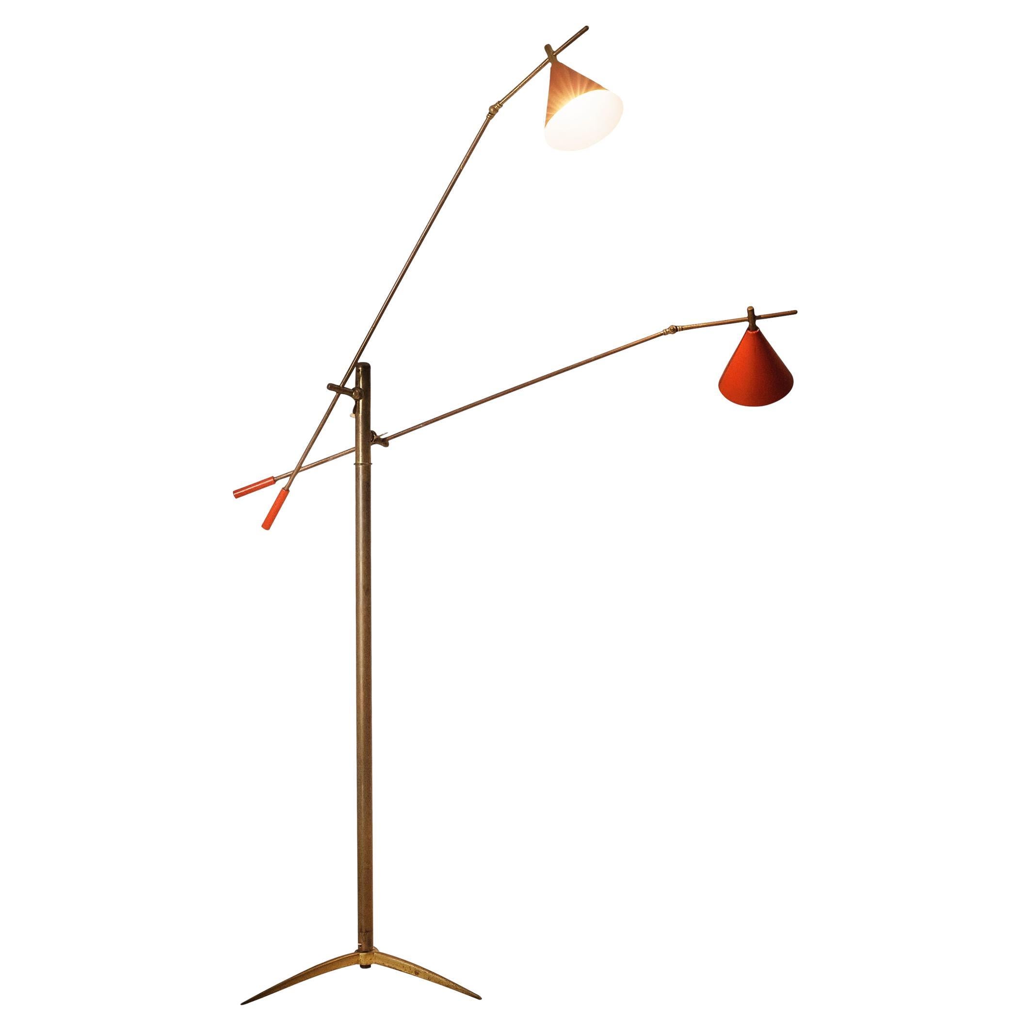 Italian Floor Lamp in Metal and Brass with Red Shades 