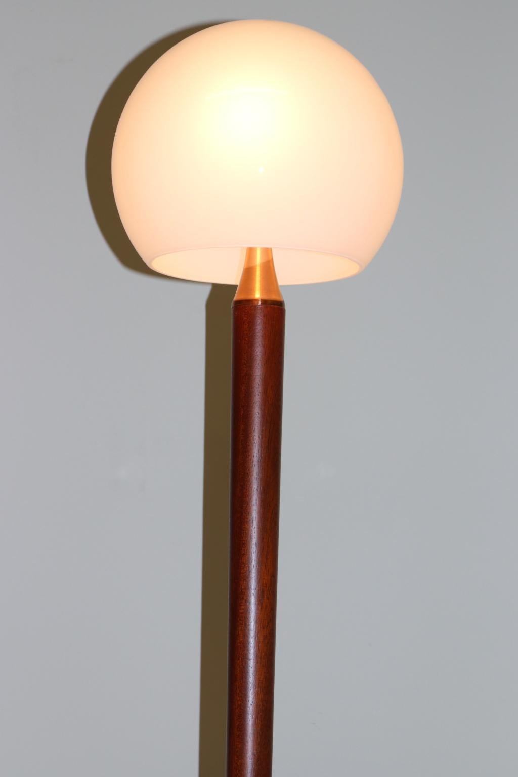 Late 20th Century Italian Floor Lamp White Murano Glass Solid Wood Stem and Brushed Copper Details For Sale