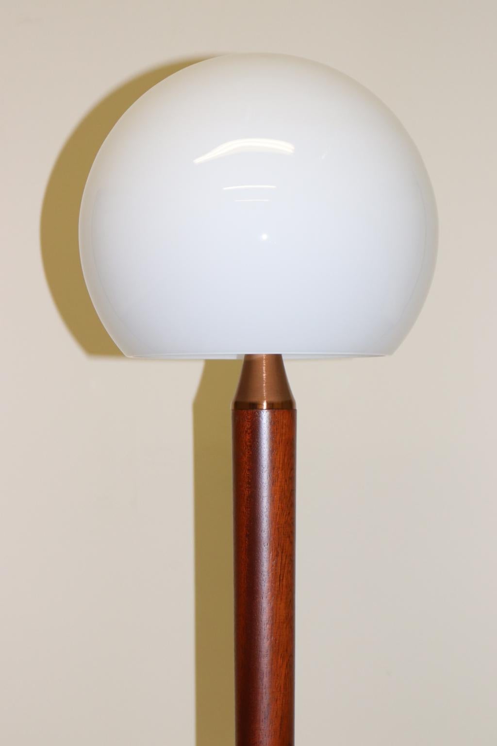 Blown Glass Italian Floor Lamp White Murano Glass Solid Wood Stem and Brushed Copper Details For Sale
