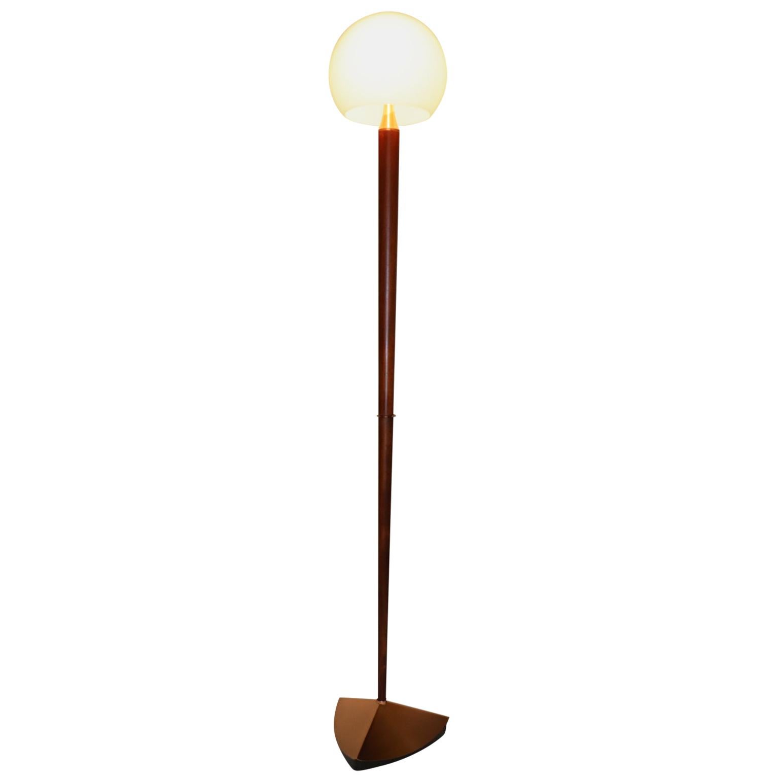 Italian Floor Lamp White Murano Glass Solid Wood Stem and Brushed Copper Details For Sale