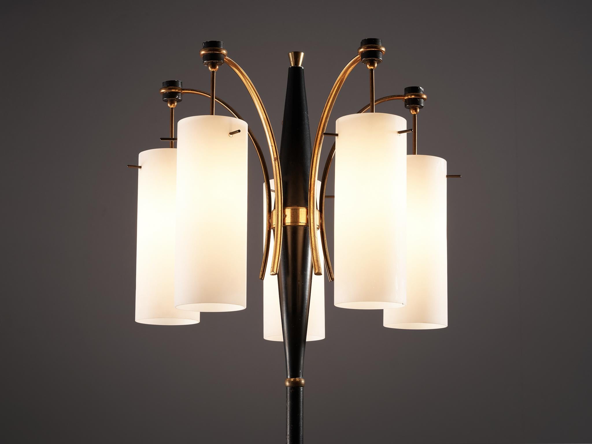 Mid-Century Modern Italian Floor Lamp with 5 Opaline Glass Shades