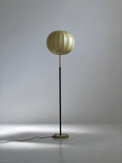 Italian floor lamp with cocoon shade, travertine base and brass details, 1960s