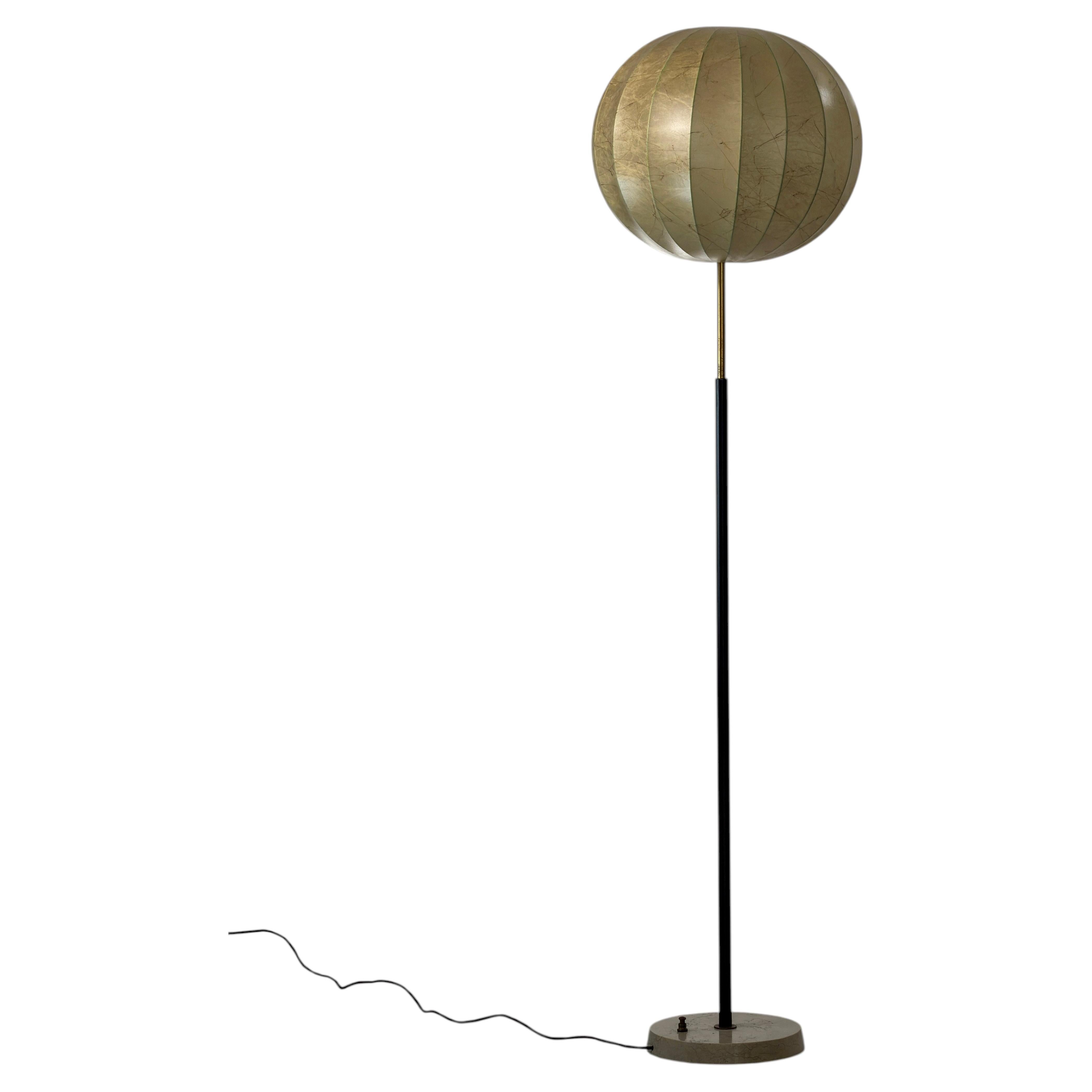 Italian floor lamp with cocoon shade, travertine base and brass details, 1960s For Sale