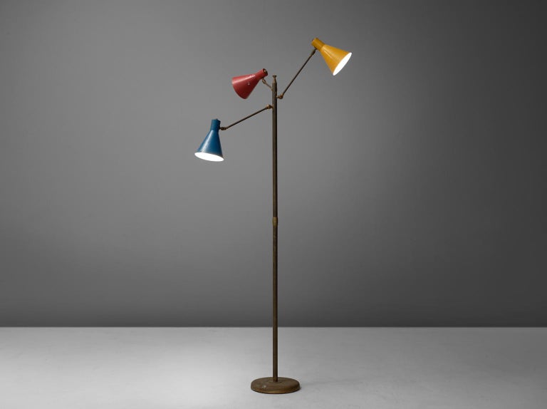 Italian Floor Lamp With Colored Shades And Well Patinated Brass