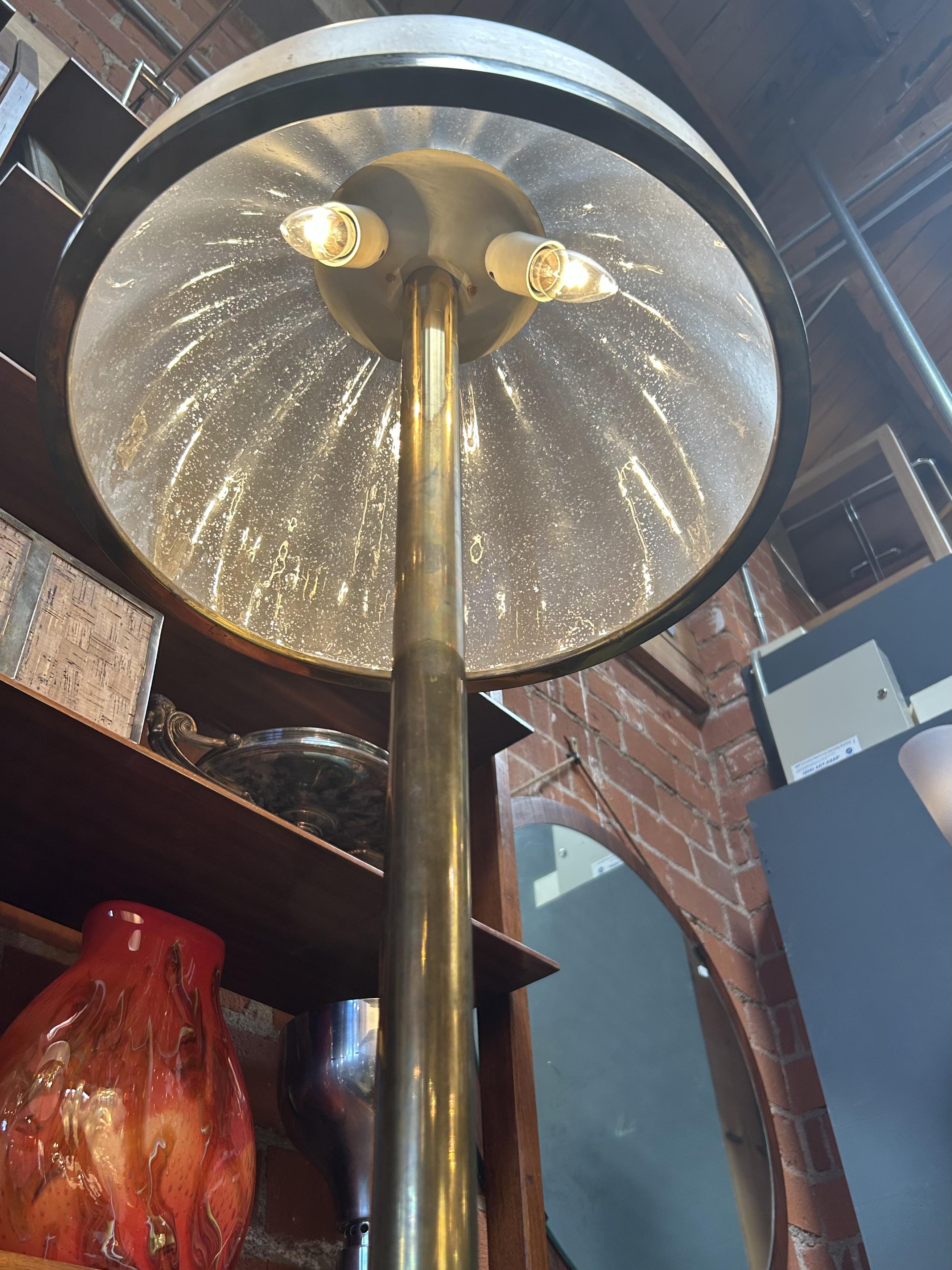 Brass Italian Floor Lamp with Domed Textured Glass Shade, 1970s For Sale