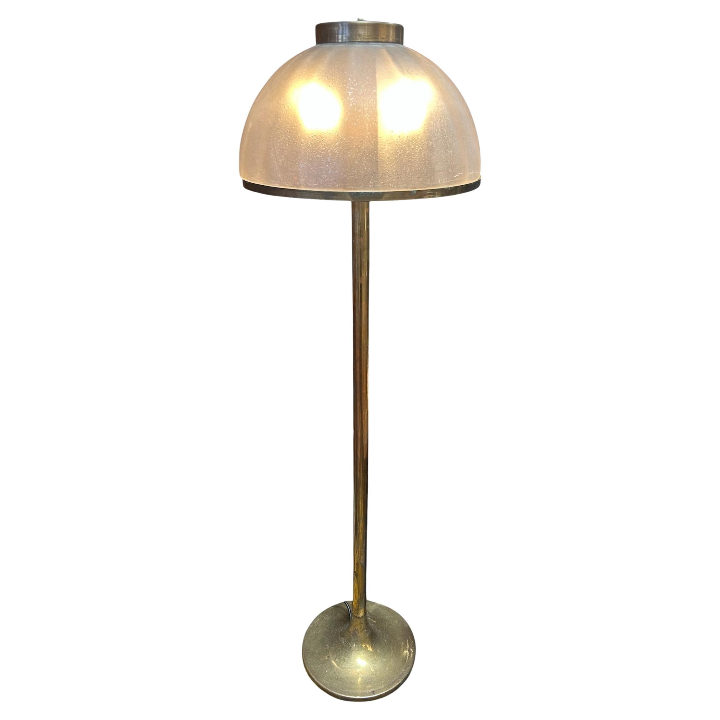 Italian Floor Lamp with Domed Textured Glass Shade, 1970s For Sale
