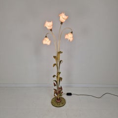 Italian Floor Lamp with Metal Stems, Leaf Details and Murano Glass Flower Shades