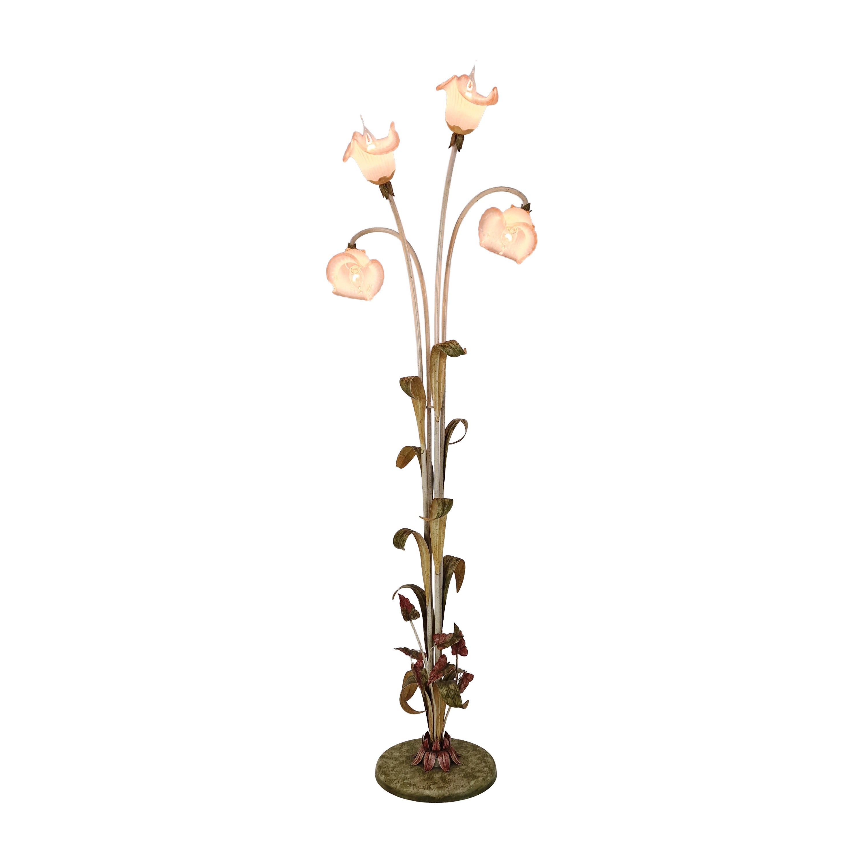 Italienische Stehlampe mit Metallstängeln, Blattdetails und Blumenschirmen aus Murano-Glas