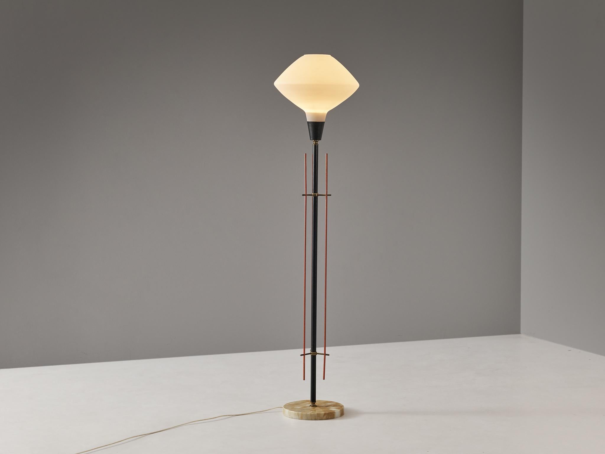 Floor lamp, lacquered metal, brass, marble, Italy, 1960s

This elegant floor lamp is made in Italy in the 1960s. The design of this piece convinces easily through the use of materials and color combinations. The red detailing around the rod in
