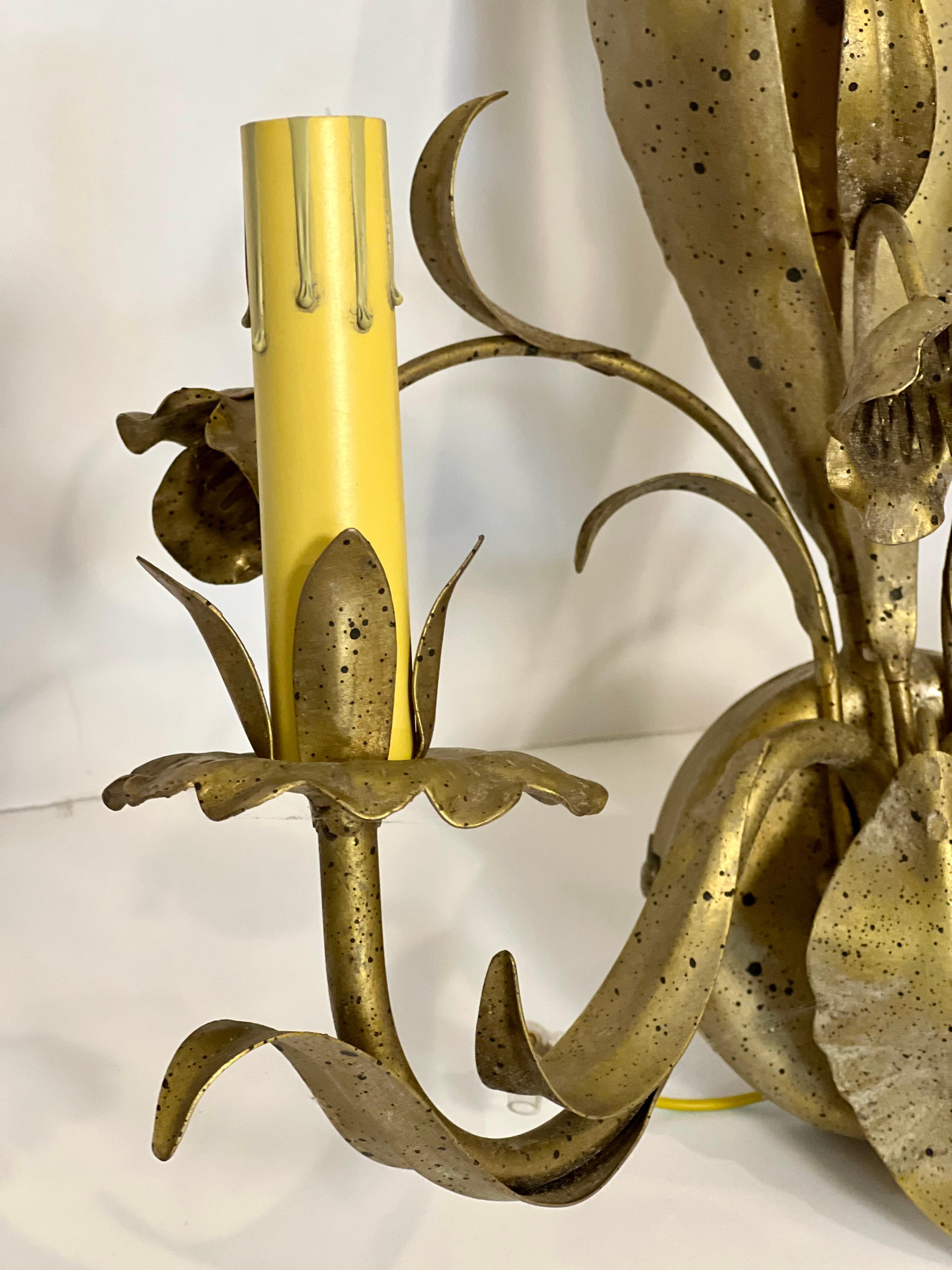 Forged Italian Floral and Gilt Gold Leaf Sconces For Sale