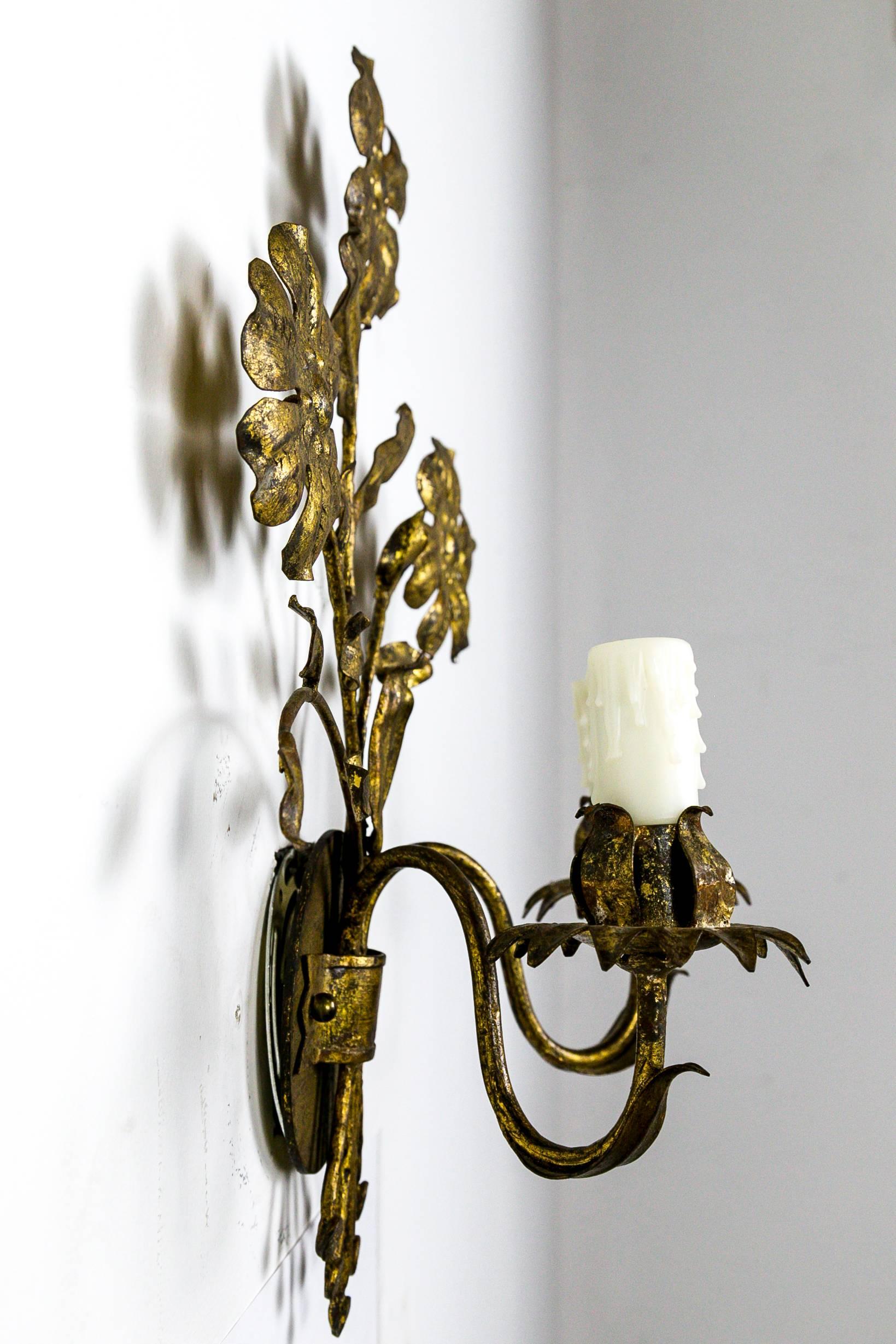 Italian Gilded Floral Candelabra Sconces, Pair In Good Condition In San Francisco, CA