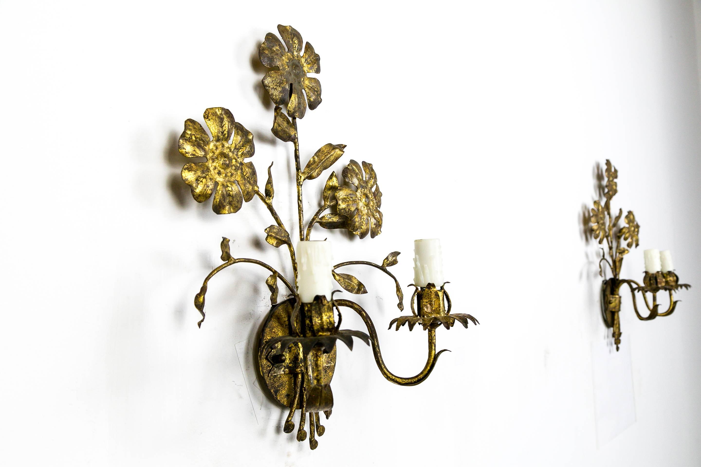 Italian Gilded Floral Candelabra Sconces, Pair 1