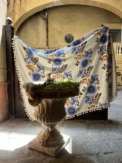 Italian Floral Cotton Bedspread with Pom-Pom Trim, circa 1970