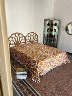 Italian Floral Cotton Silk Velvet Bedspread with Original Bed Skirt, circa 1970