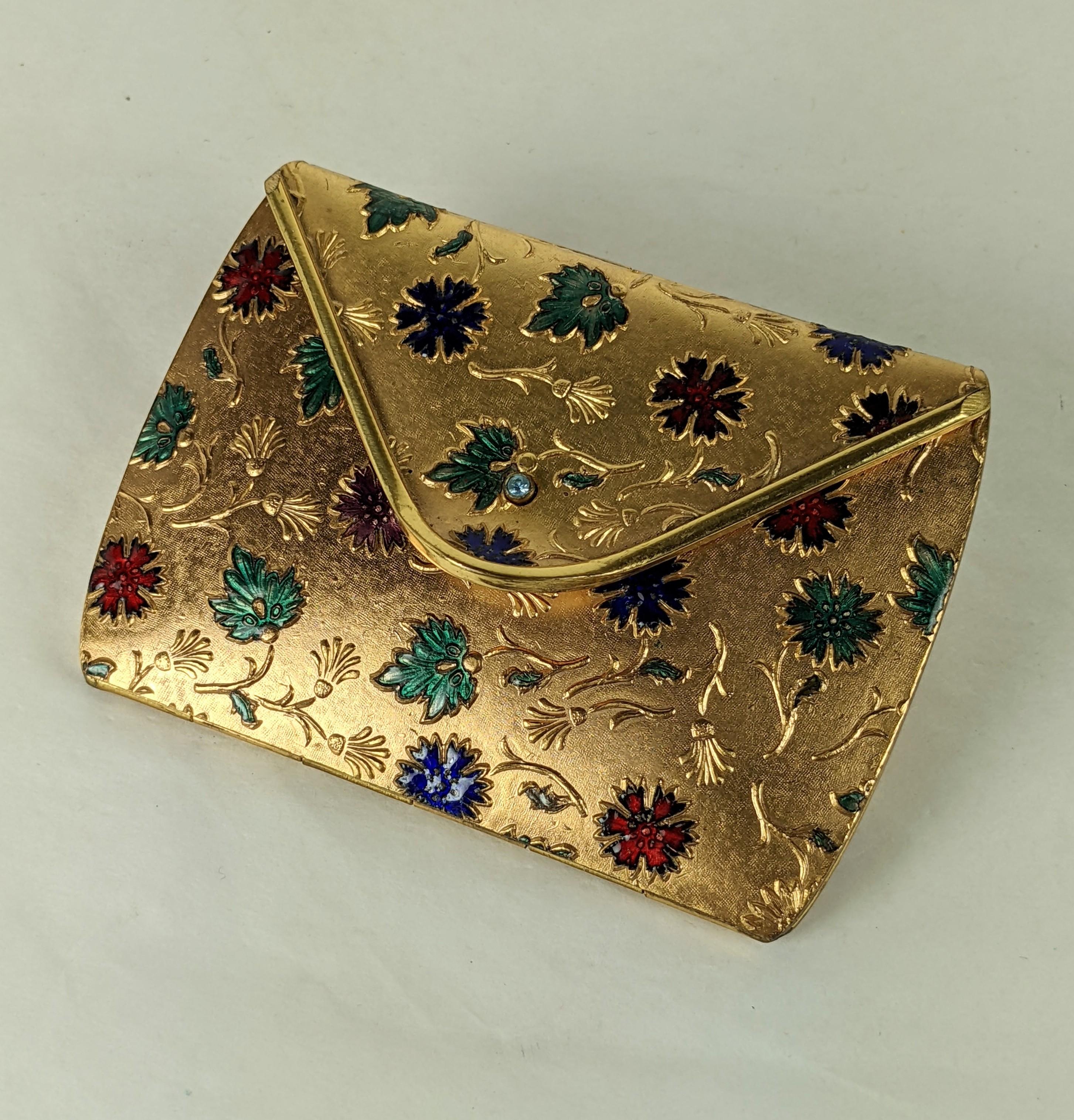 Lovely Italian Floral Enamel Make Up Case by Castelli, Rome. Designed as gilded metal envelope with enameled flowers and leaves. Flap opens to show mirror and compartment for blotting papers. 1960's Italy. 3 3/8