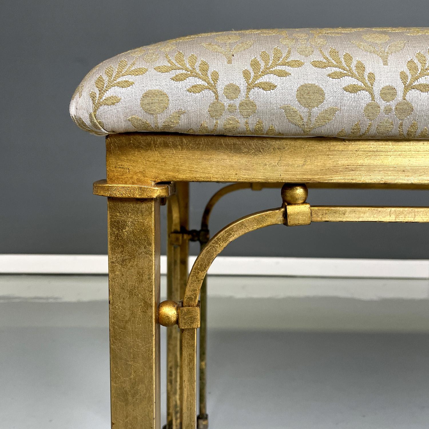 Metal Italian floral fabric footrest or bench with golden metal structure, 1980s For Sale