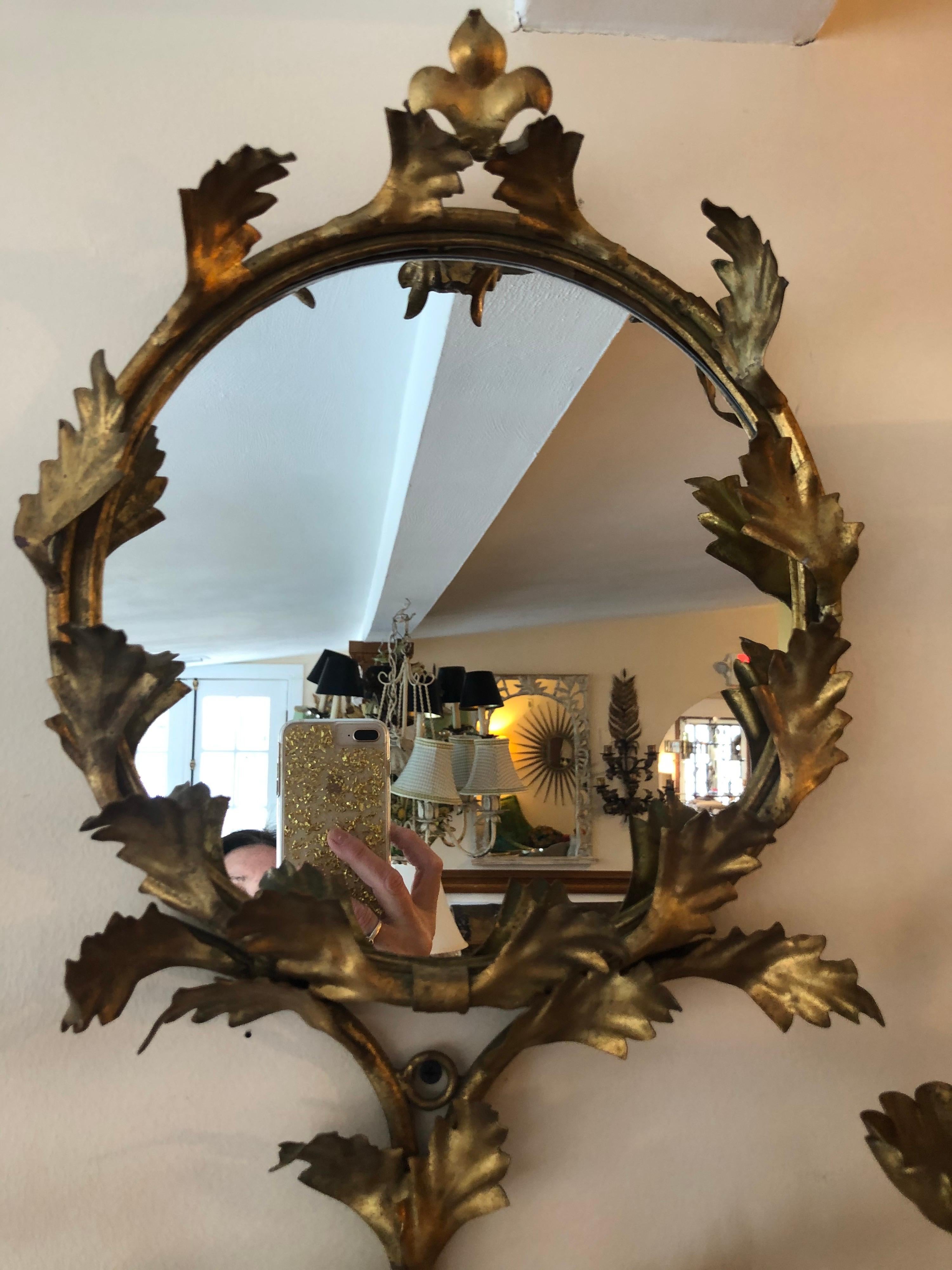 Italian Floral Gilt Iron Mirrored Wall Sconce 7