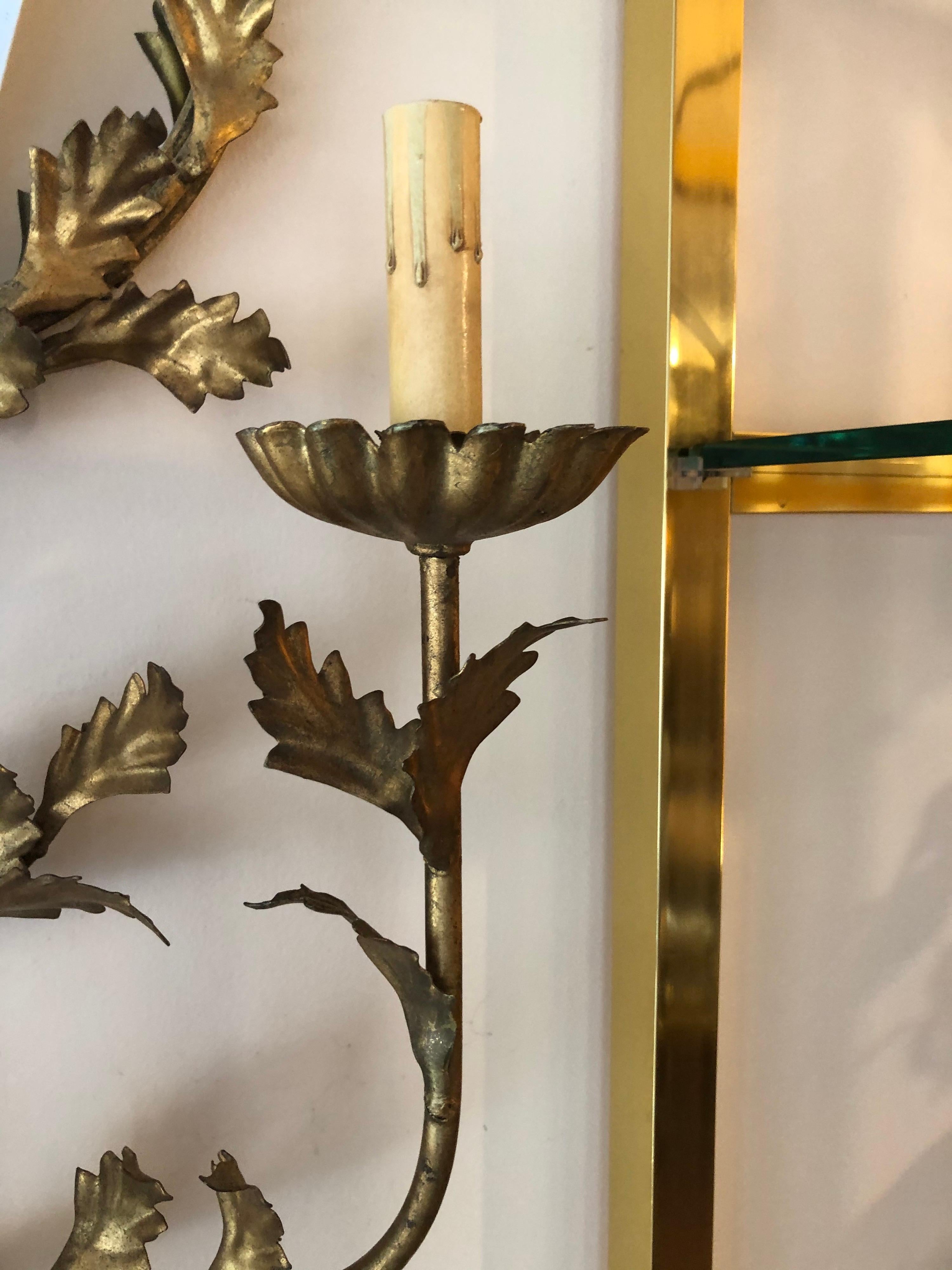 Italian Floral Gilt Iron Mirrored Wall Sconce 9