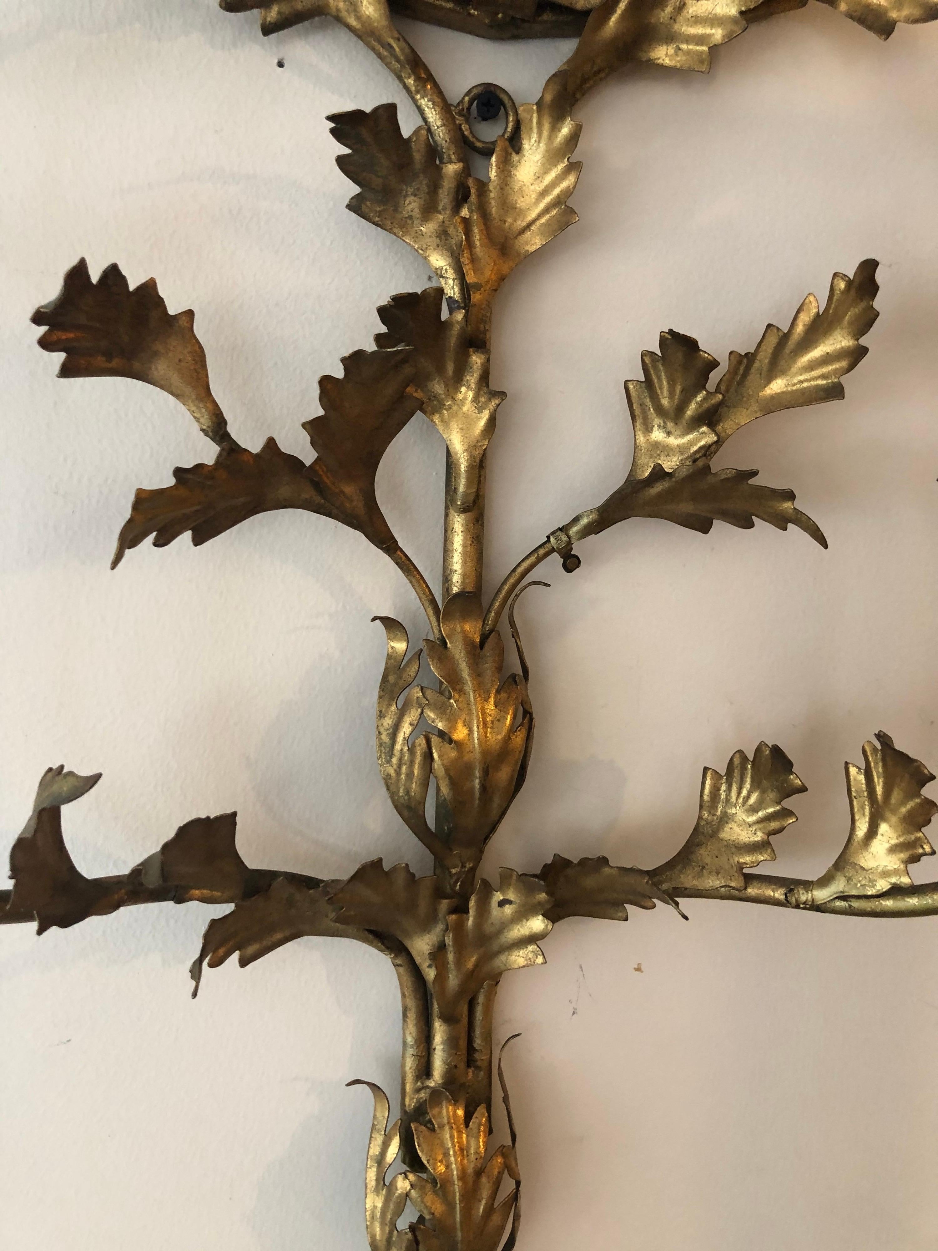 Italian Floral Gilt Iron Mirrored Wall Sconce 10