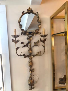 Italian Floral Gilt Iron Mirrored Wall Sconce
