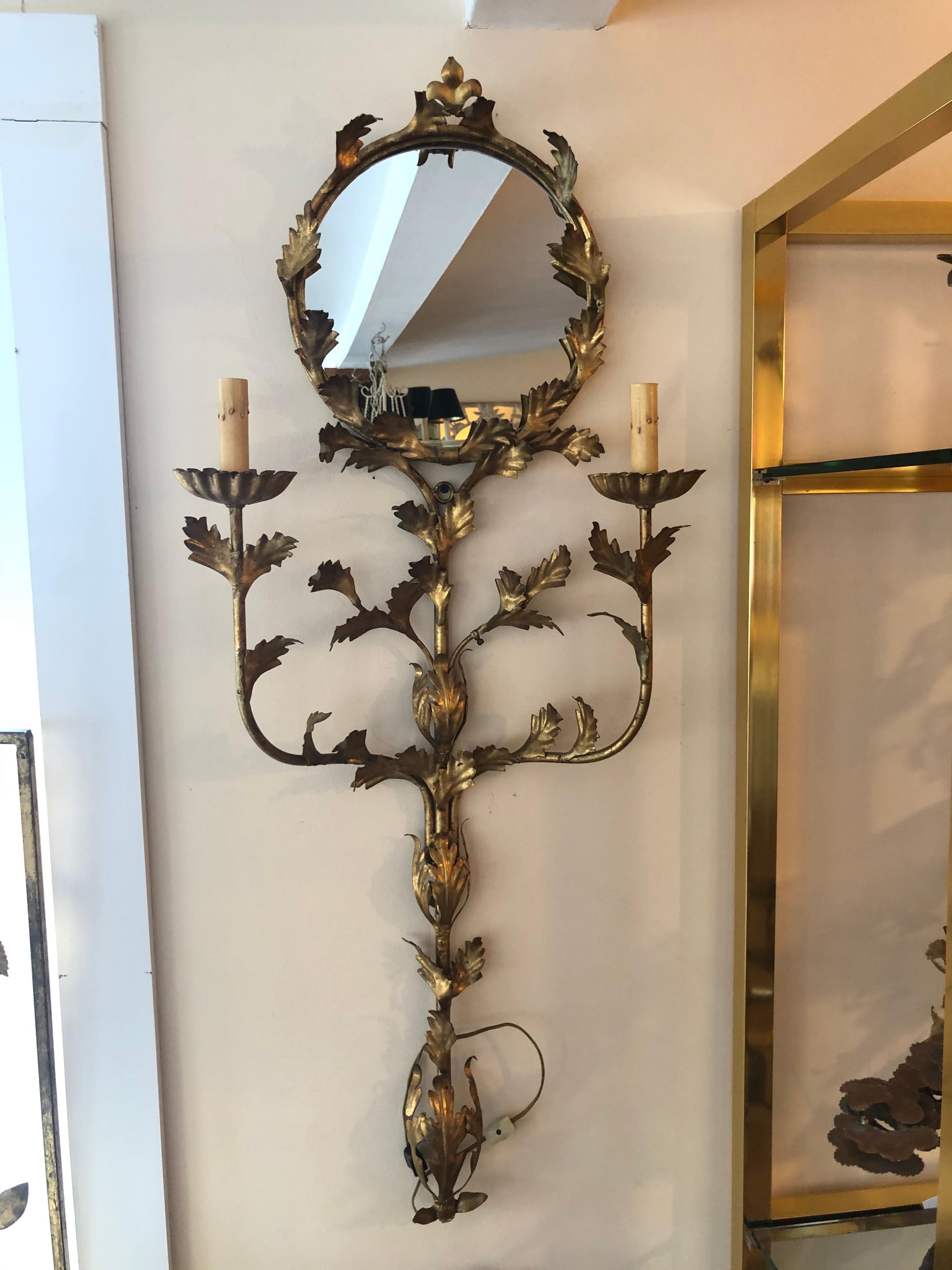 Romantic Italian Floral Gilt Iron Mirrored Wall Sconce
