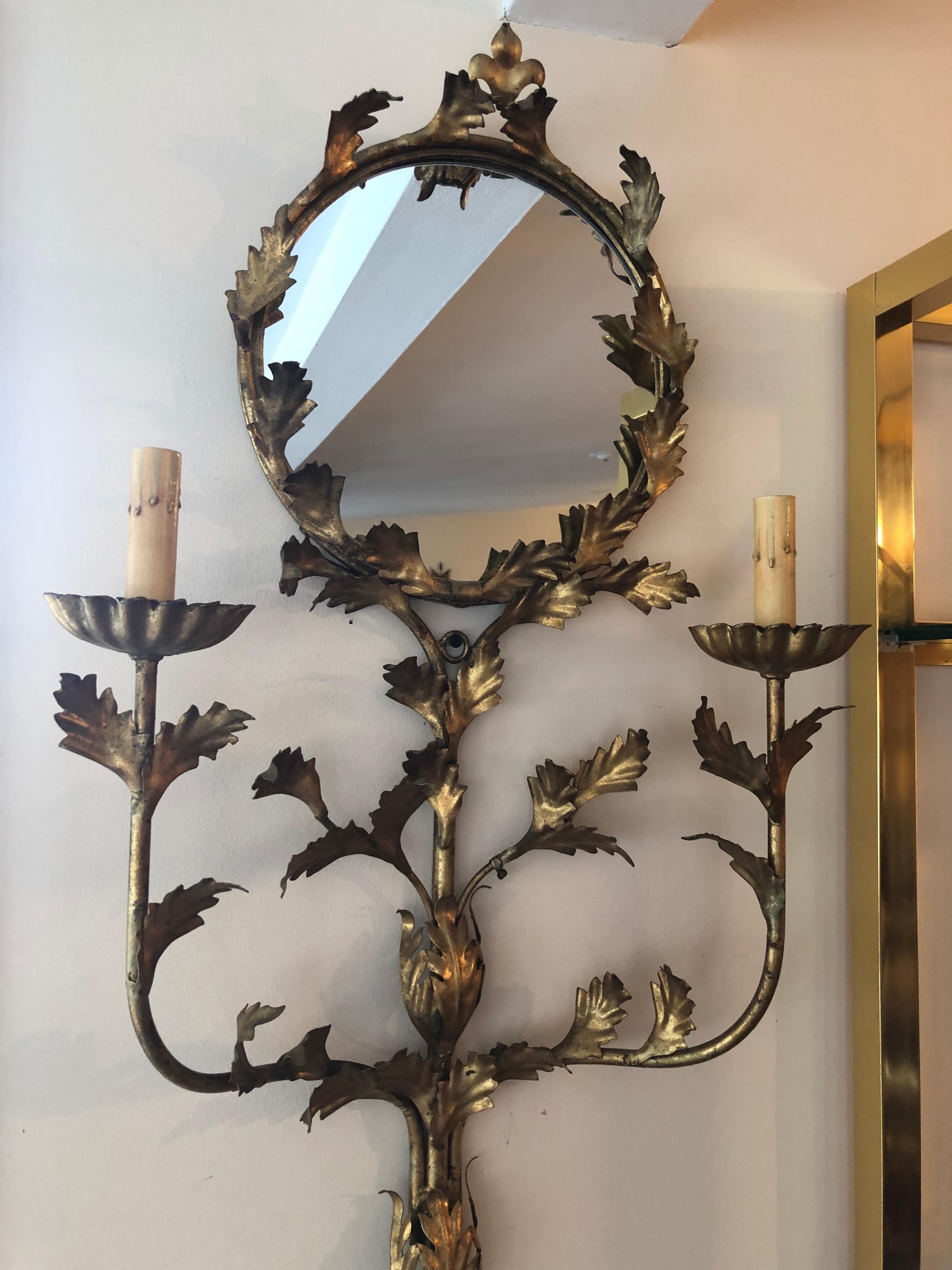 Mid-20th Century Italian Floral Gilt Iron Mirrored Wall Sconce