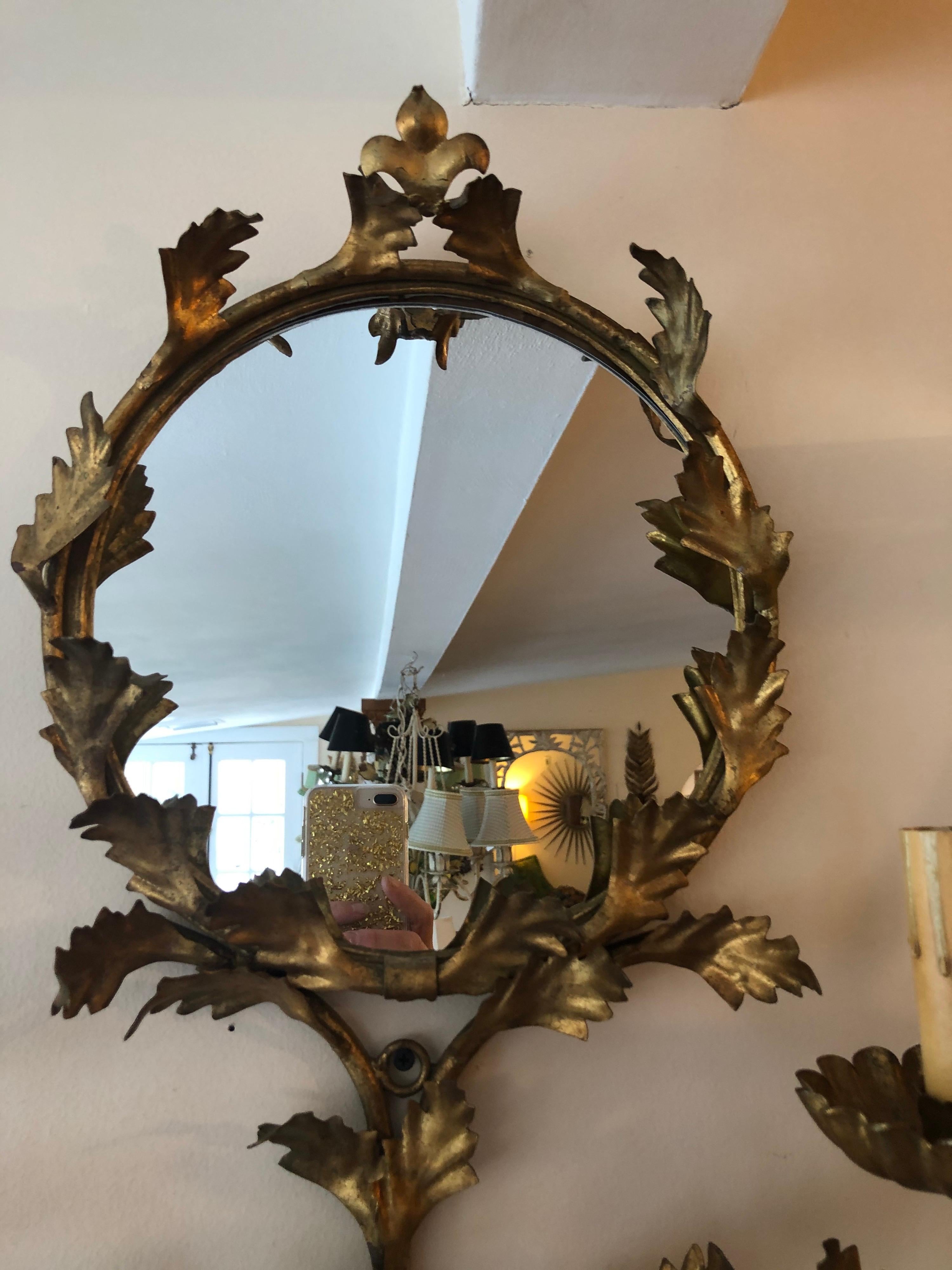 Italian Floral Gilt Iron Mirrored Wall Sconce 2