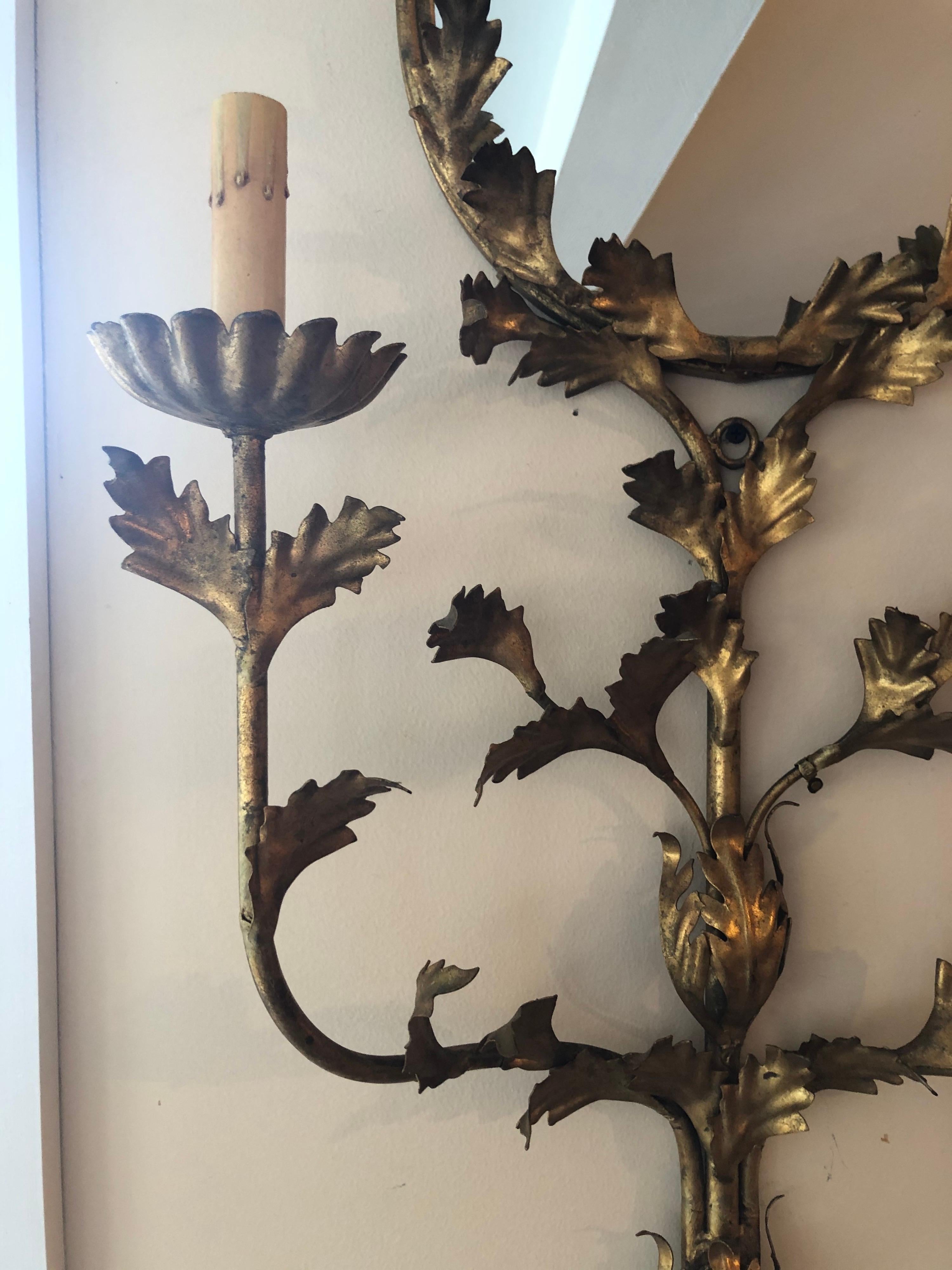 Italian Floral Gilt Iron Mirrored Wall Sconce 4