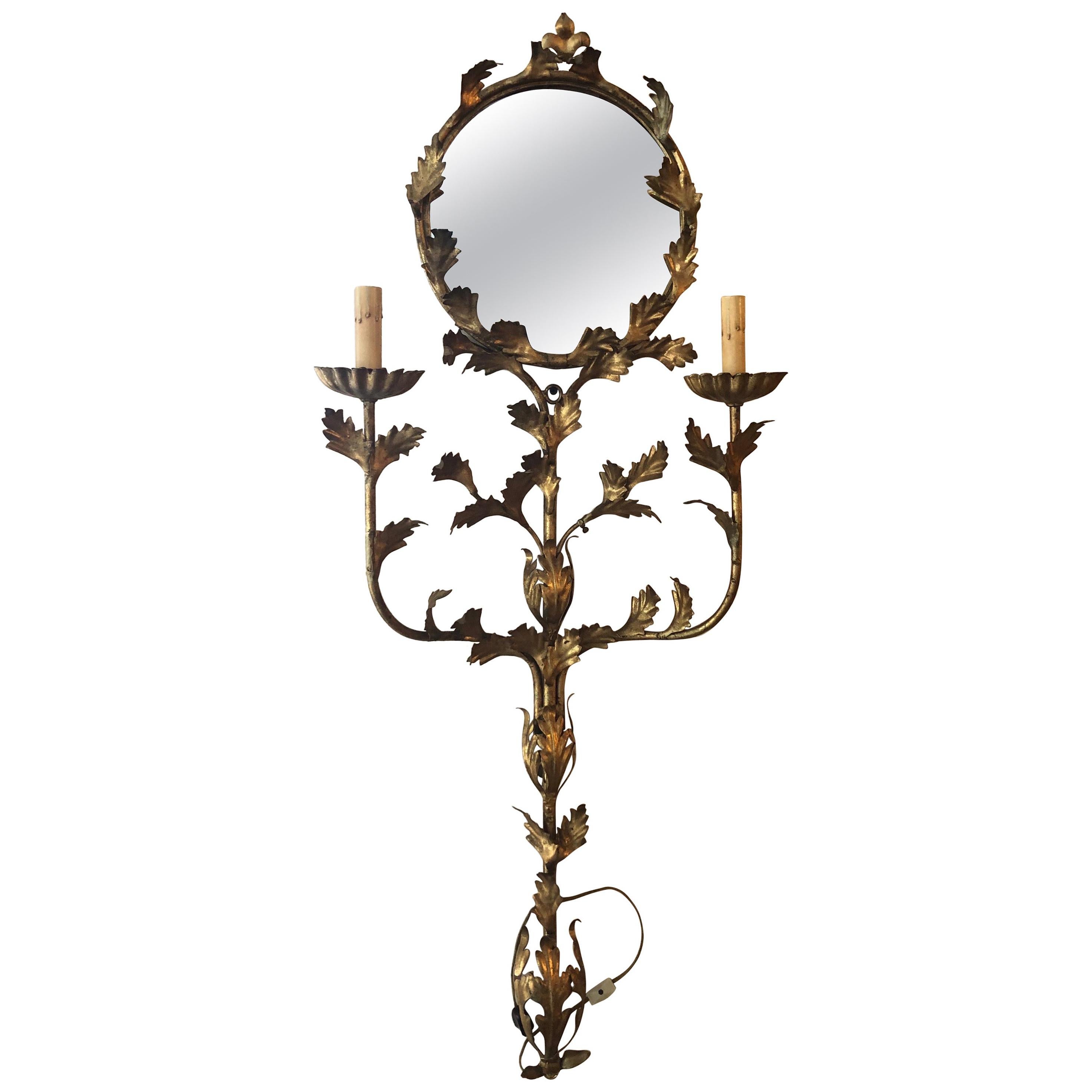 Italian Floral Gilt Iron Mirrored Wall Sconce