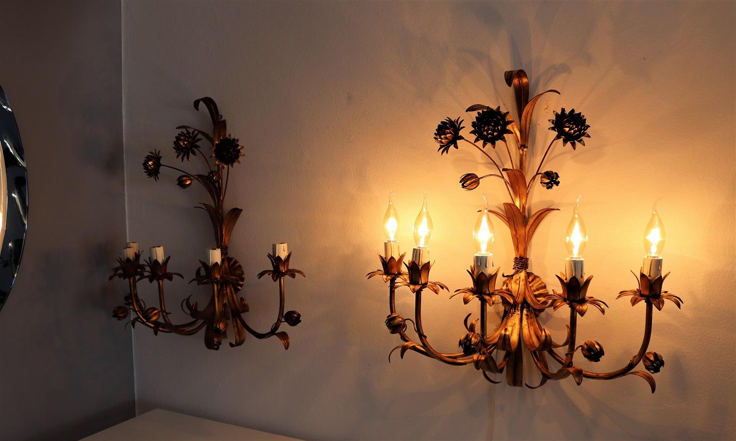 Italian Floral Gilt Patinated Metal Wall Sconces or Wall Lights, 1970s 7