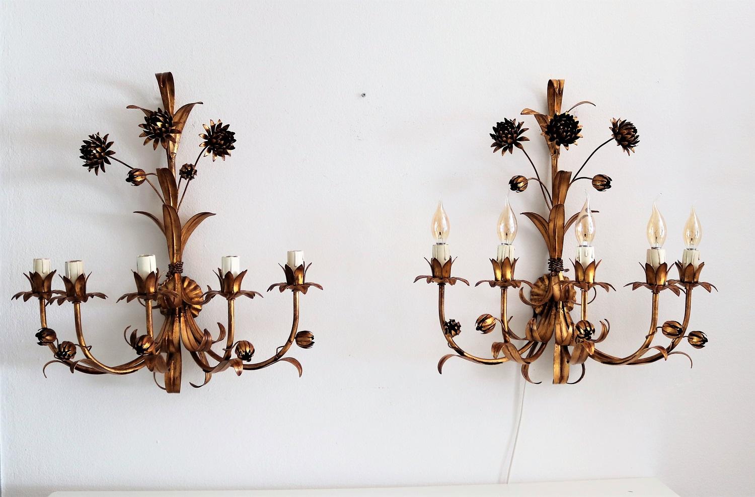 Italian Floral Gilt Patinated Metal Wall Sconces or Wall Lights, 1970s 8