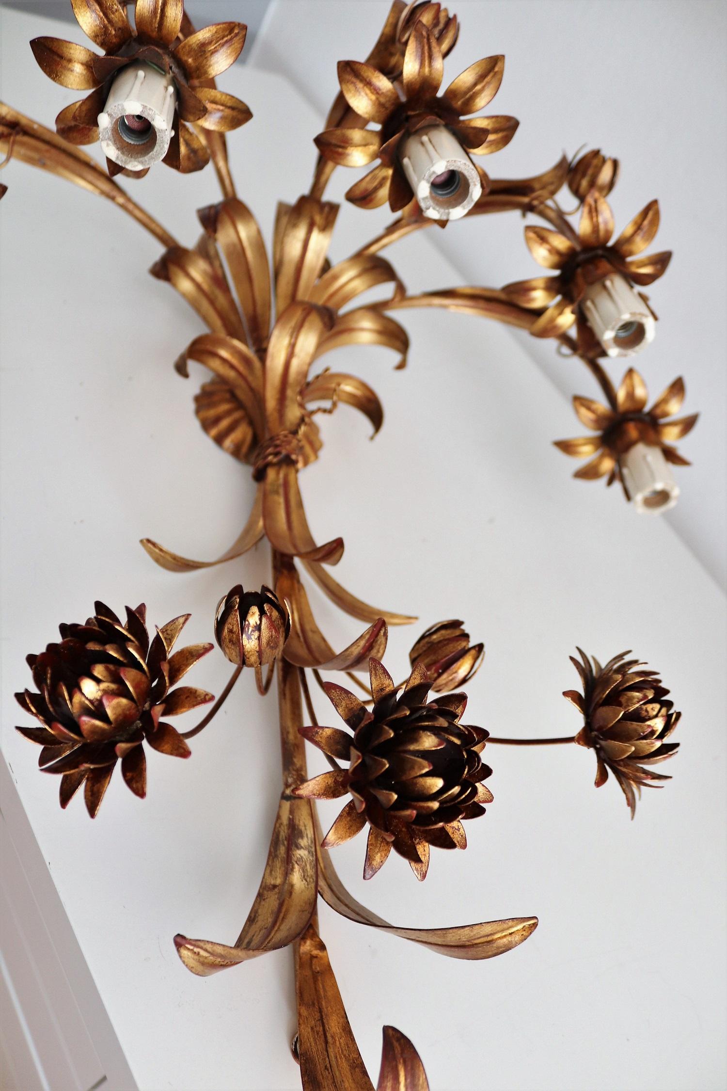 Italian Floral Gilt Patinated Metal Wall Sconces or Wall Lights, 1970s 9