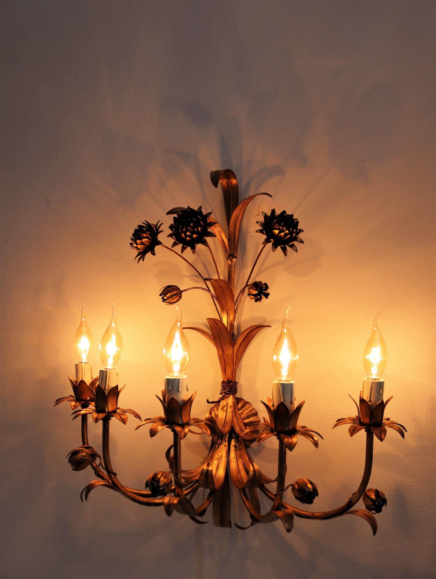 Hollywood Regency Italian Floral Gilt Patinated Metal Wall Sconces or Wall Lights, 1970s
