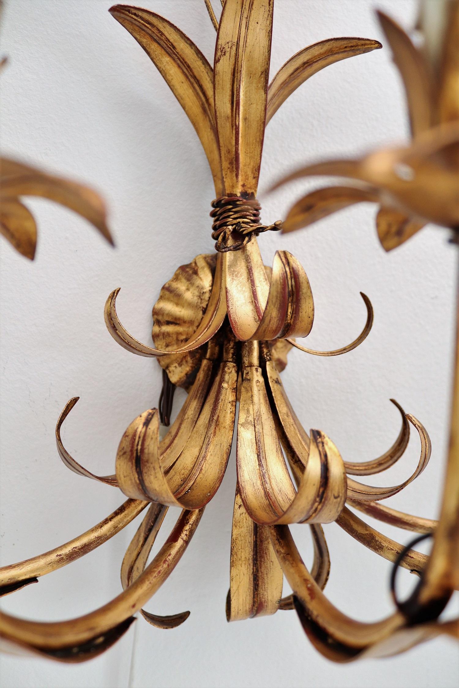 Italian Floral Gilt Patinated Metal Wall Sconces or Wall Lights, 1970s 2