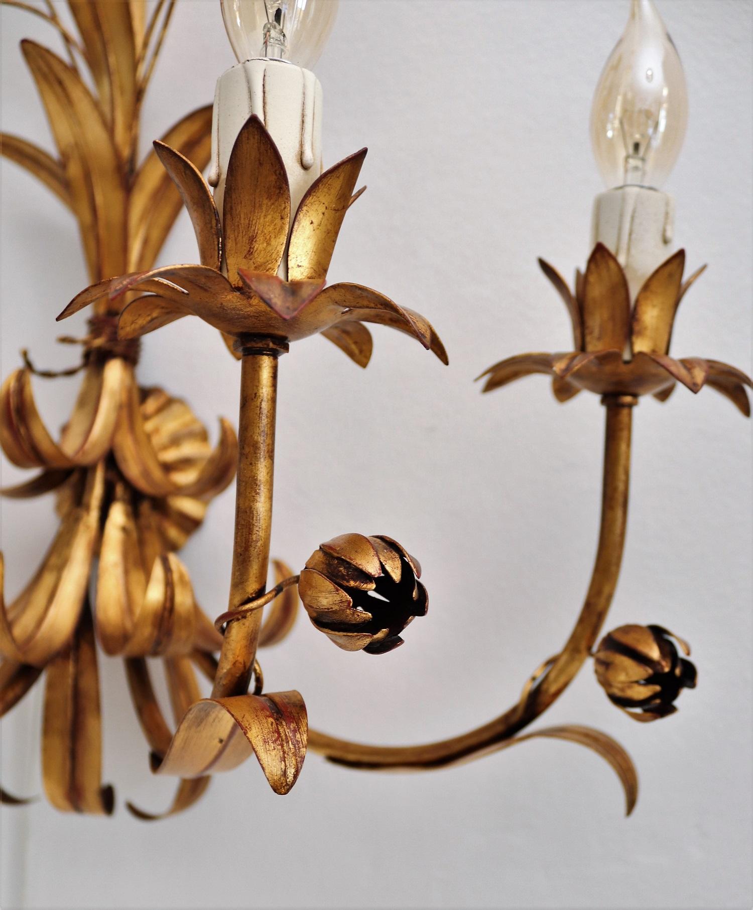 Italian Floral Gilt Patinated Metal Wall Sconces or Wall Lights, 1970s 4
