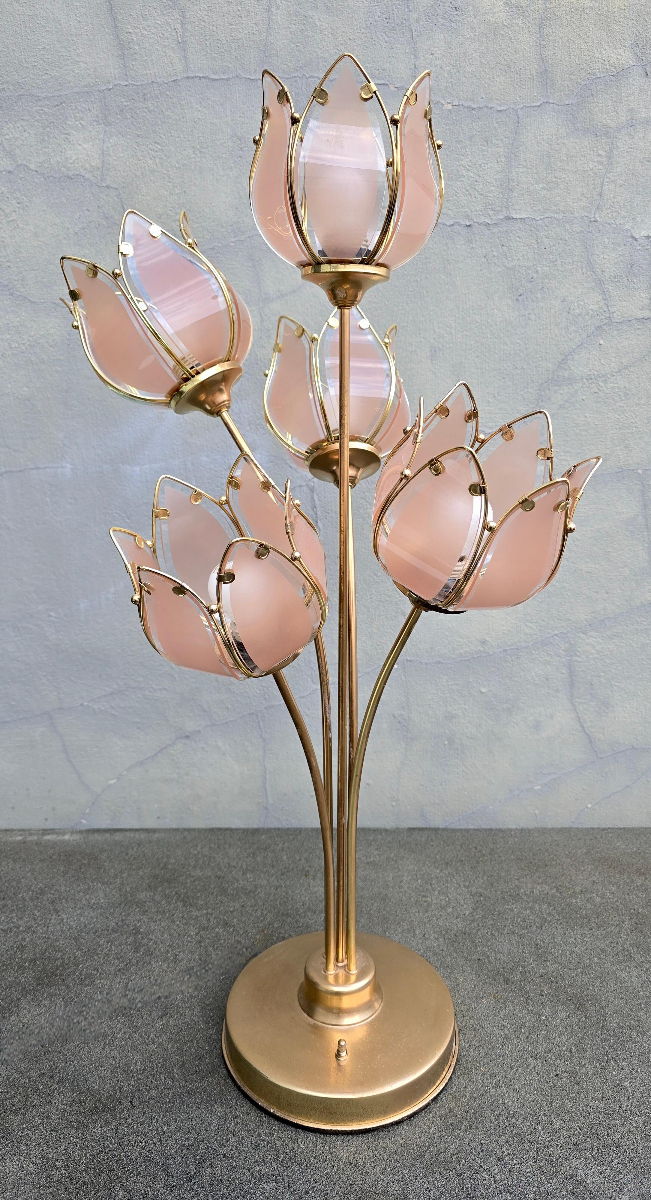 Lámpara italiana de sobremesa Floral de vidrio y latón Tulipa, años 70 en venta 2